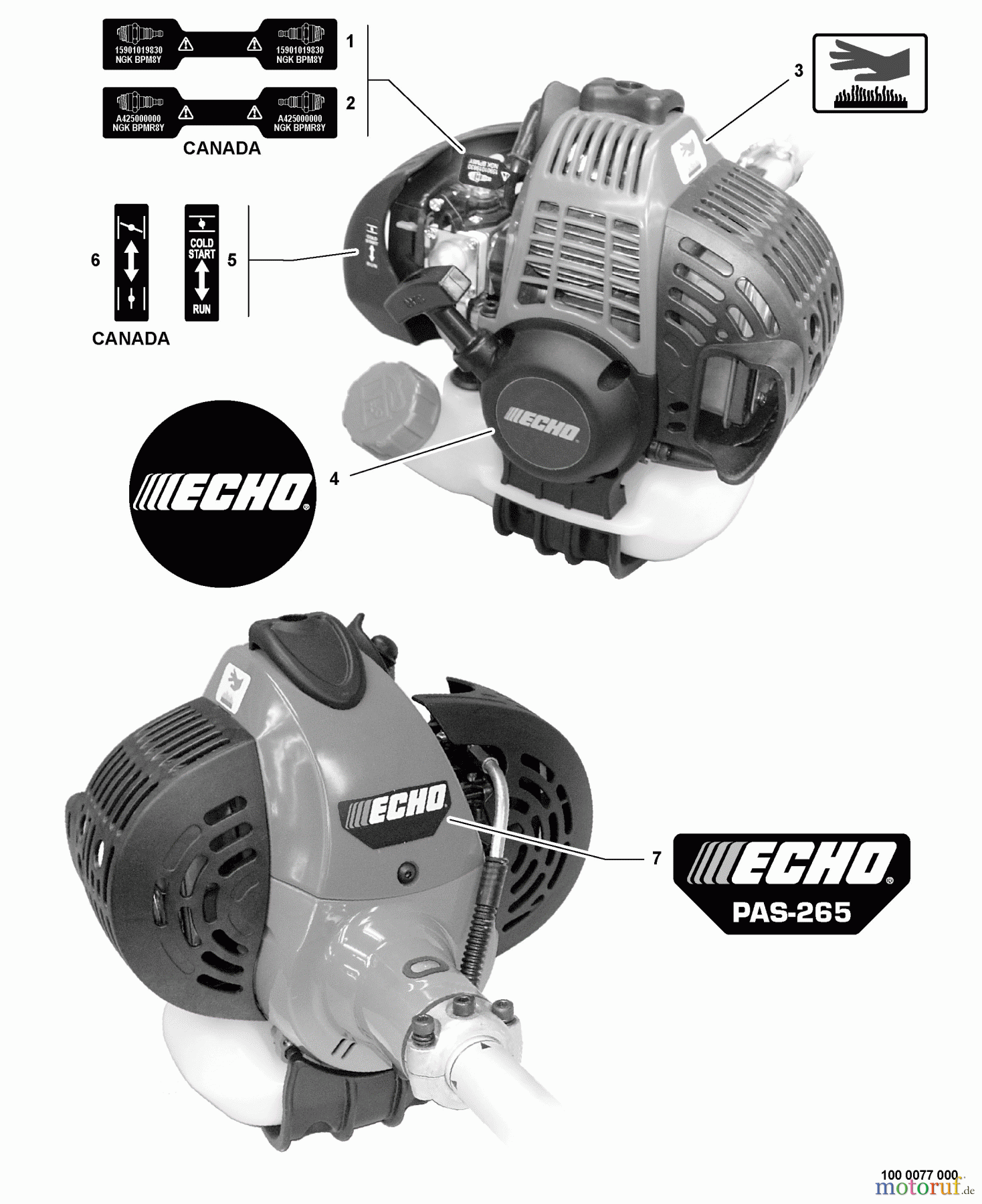 Echo Trimmer, Faden / Bürste PAS-265 - Echo Power Unit, S/N: S82913001001 - S82913999999 Labels