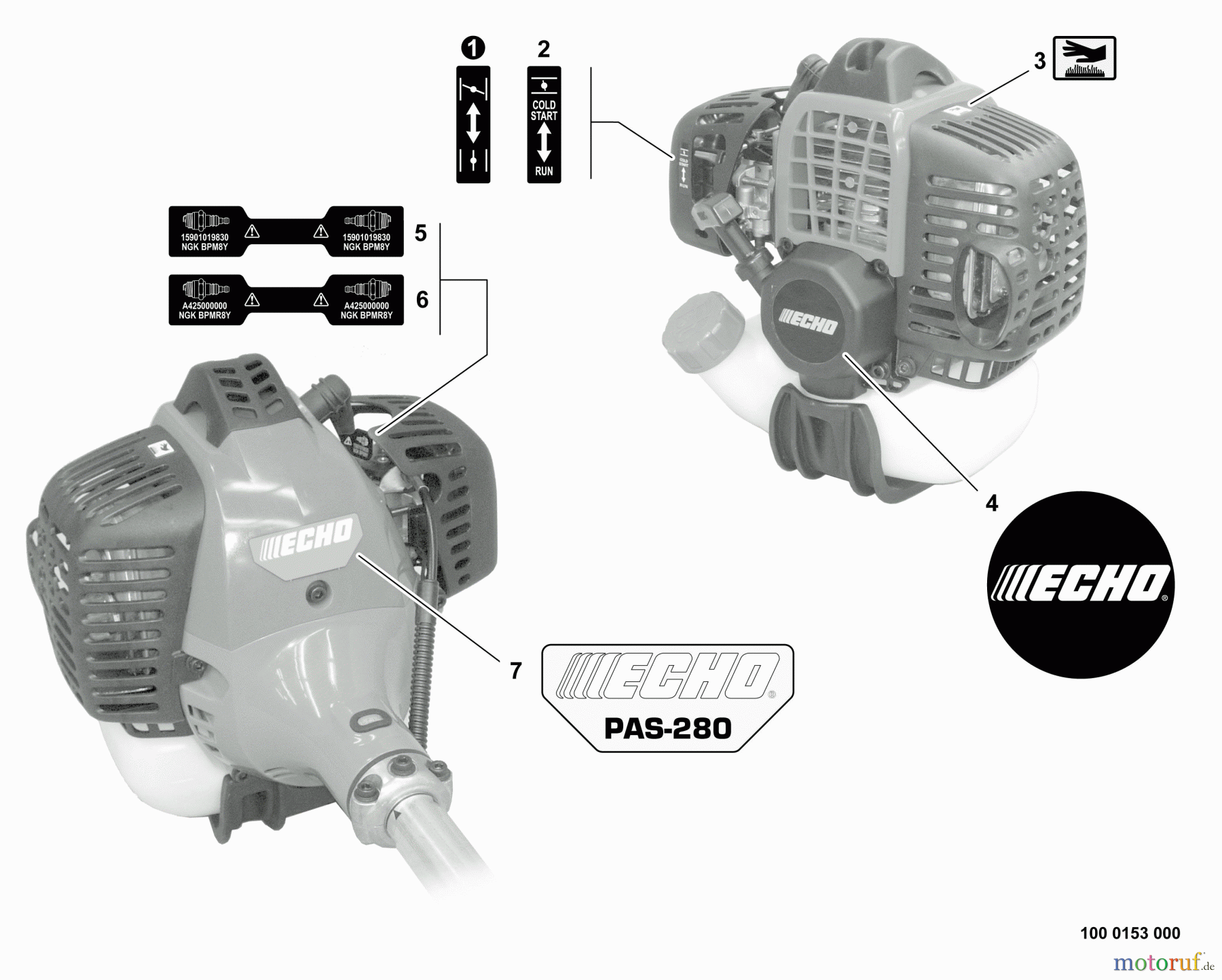 Echo Trimmer, Faden / Bürste PAS-280 - Echo Trimmer Interchangeable Tool, S/N: T44612001001 - T44612999999 Labels