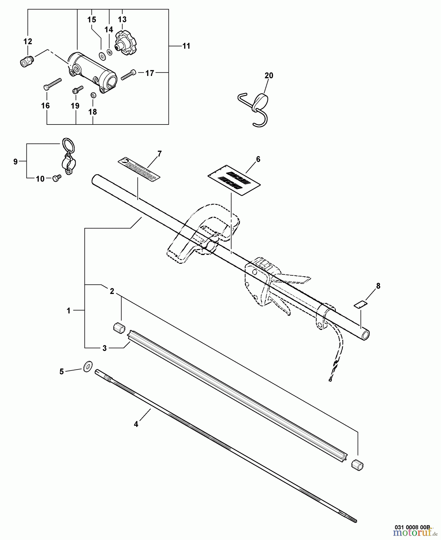 Echo Trimmer, Faden / Bürste PAS-261 - Echo Power Unit, S/N: 02001001 - 02999999 Main Pipe Assembly, Driveshaft, Coupler -- Upper