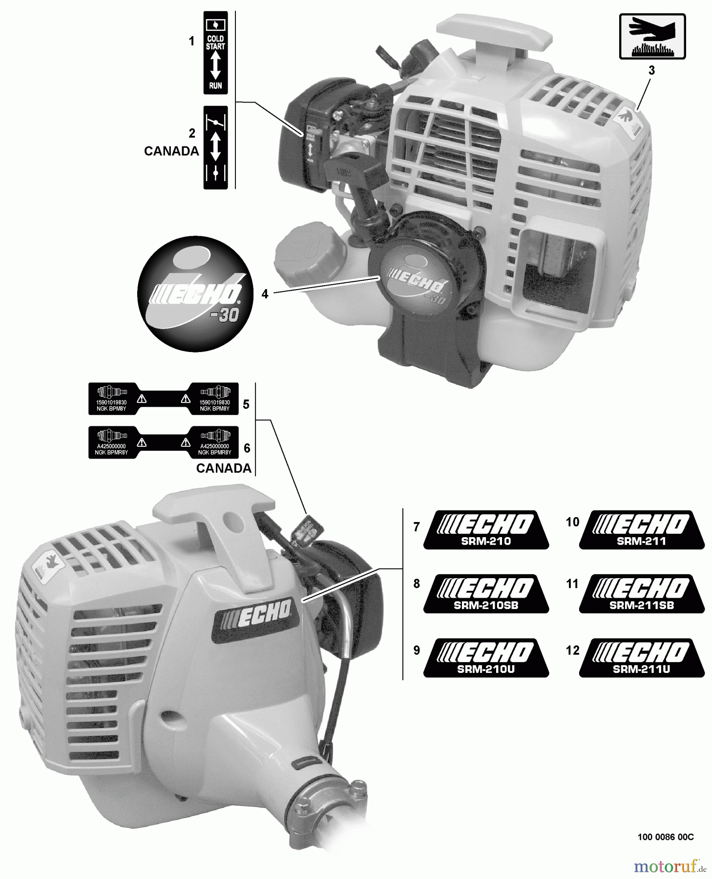 Echo Trimmer, Faden / Bürste SRM-211SB - Echo String Trimmer, S/N: 09001001 - 09999999 Labels