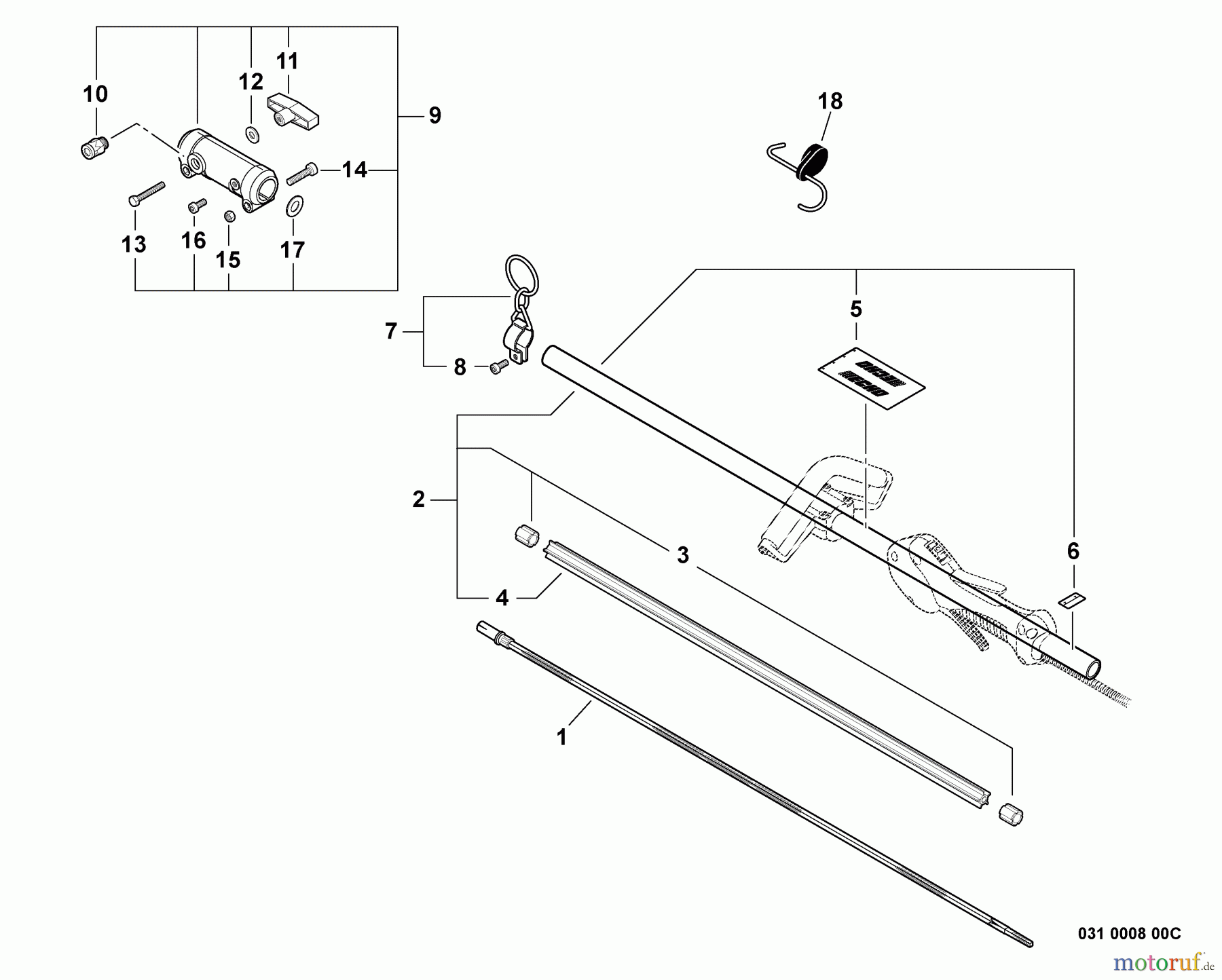 Echo Trimmer, Faden / Bürste SRM-225SB - Echo String Trimmer, S/N: S79312001001 - S79312999999 Main Pipe Assembly, Driveshaft, Coupler -- Upper