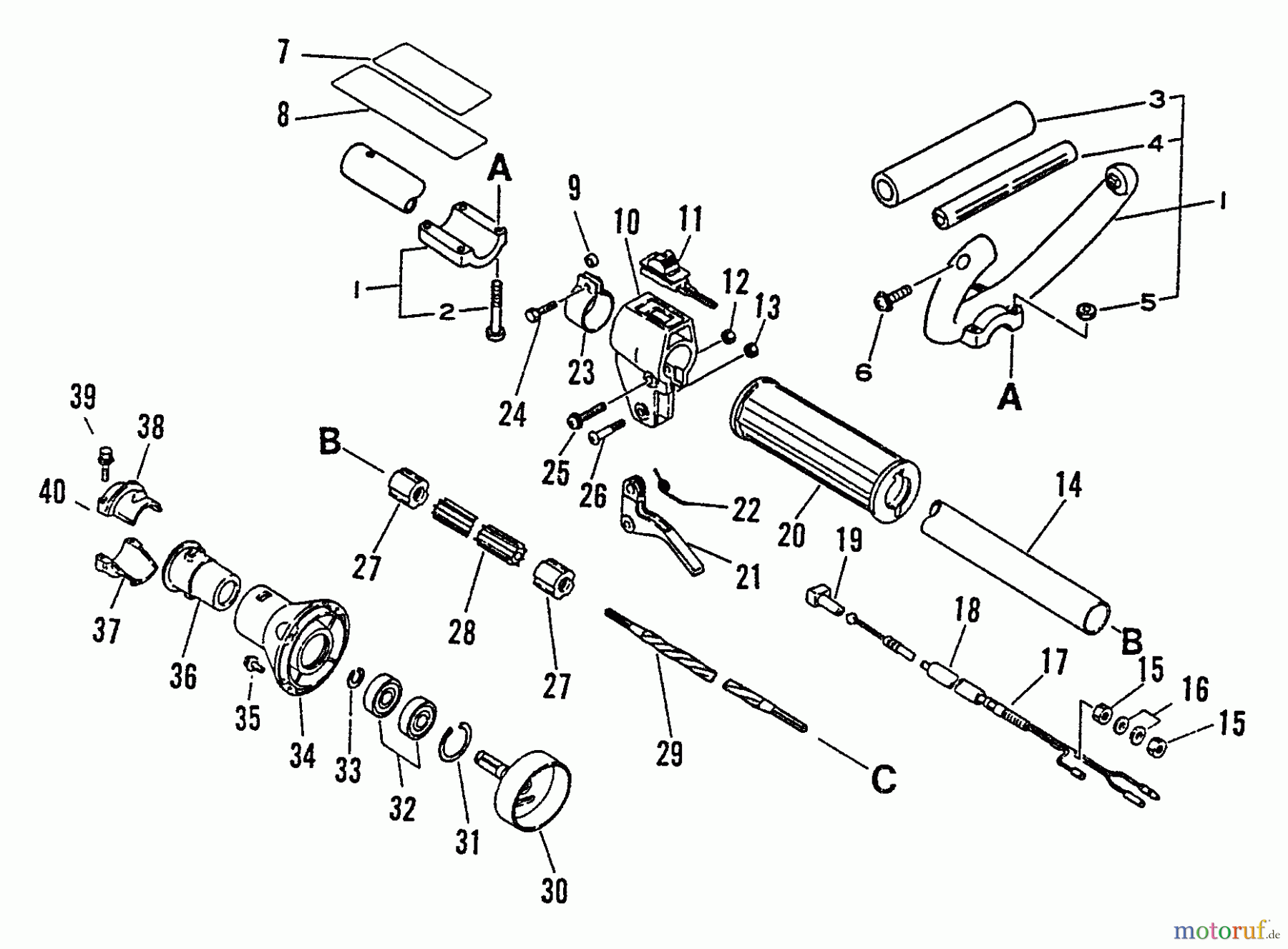 Echo Trimmer, Faden / Bürste SRM-2501 - Echo String Trimmer, S/N:0043001 - 0061968 Driveshaft, Handles, Throttle 1, Stop Switch 1, Clutch Housing