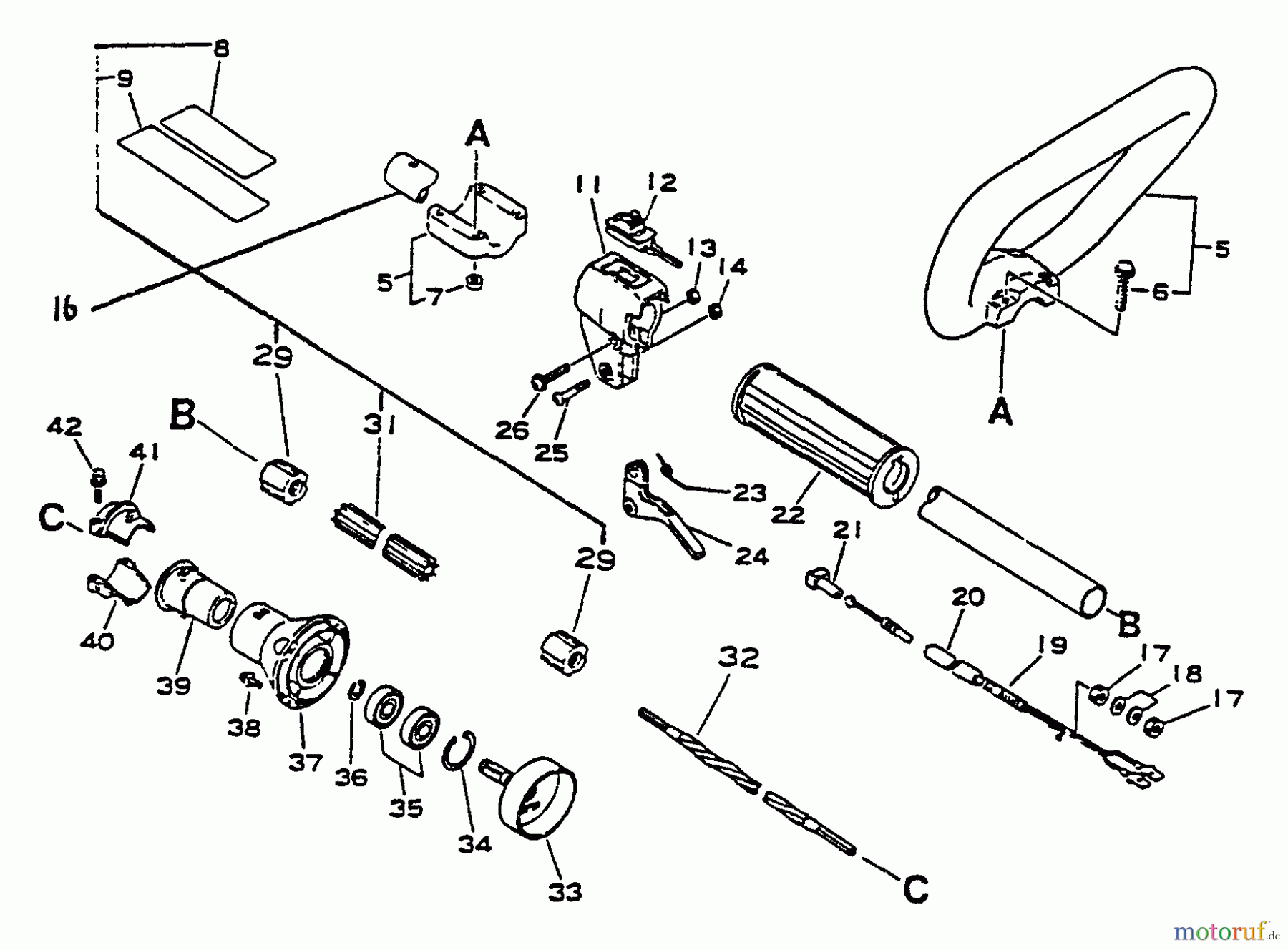 Echo Trimmer, Faden / Bürste SRM-2502 - Echo String Trimmer, S/N:0010201 - 0025000 Driveshaft, Handles, Throttle, Stop Switch, Clutch Housing