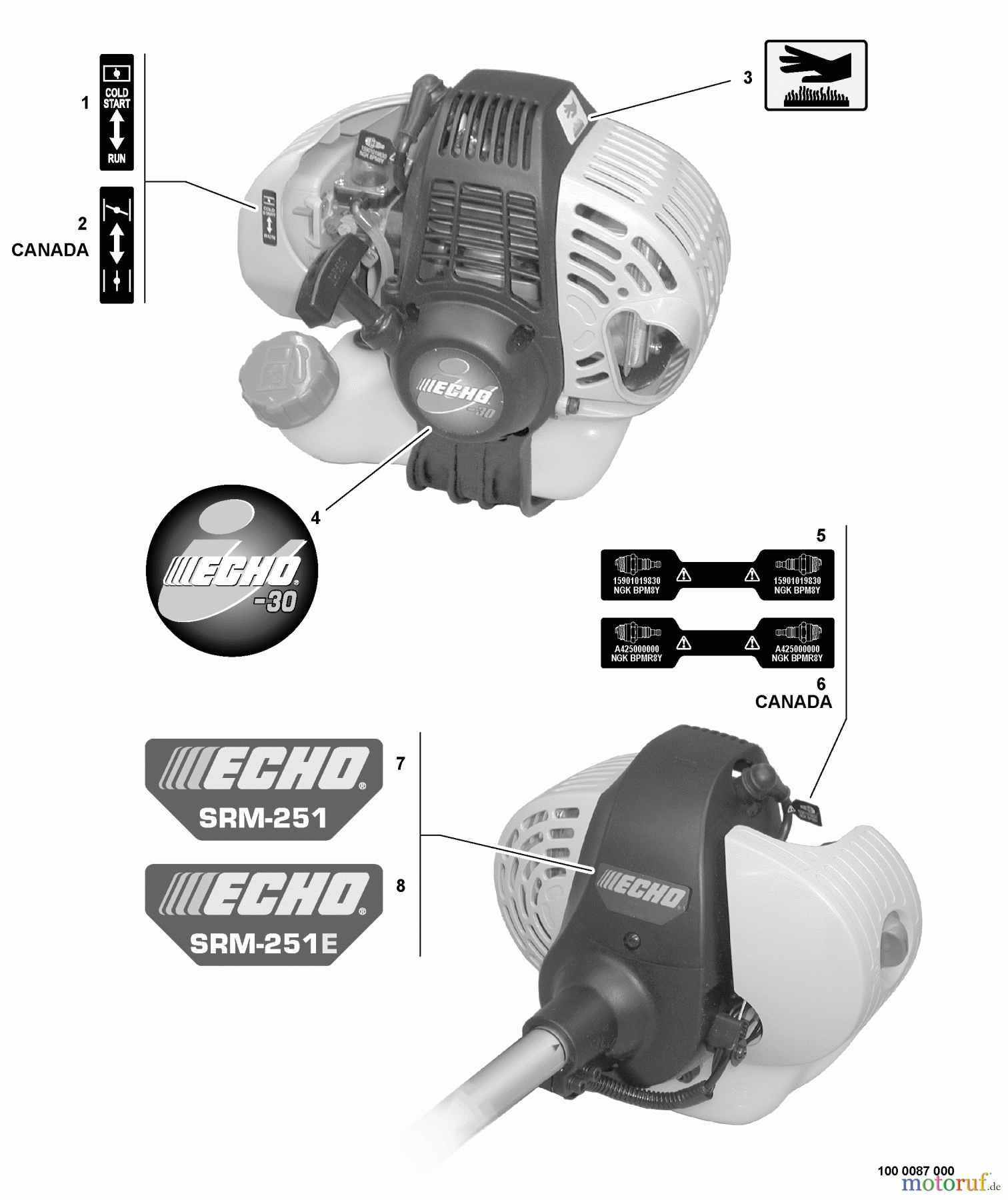 Echo Trimmer, Faden / Bürste SRM-251E - Echo String Trimmer, S/N:08001001 - 08999999 Labels