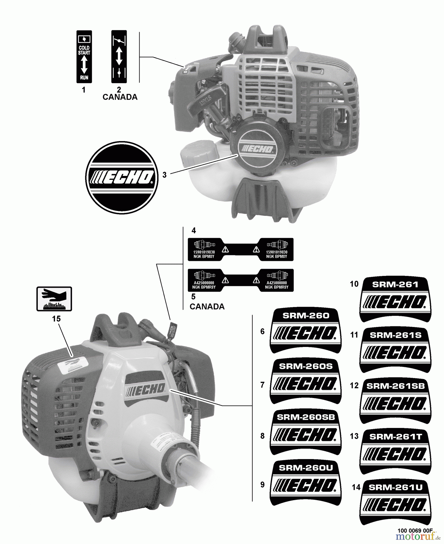 Echo Trimmer, Faden / Bürste SRM-261T - Echo String Trimmer, S/N:06001001 - 06999999 Labels