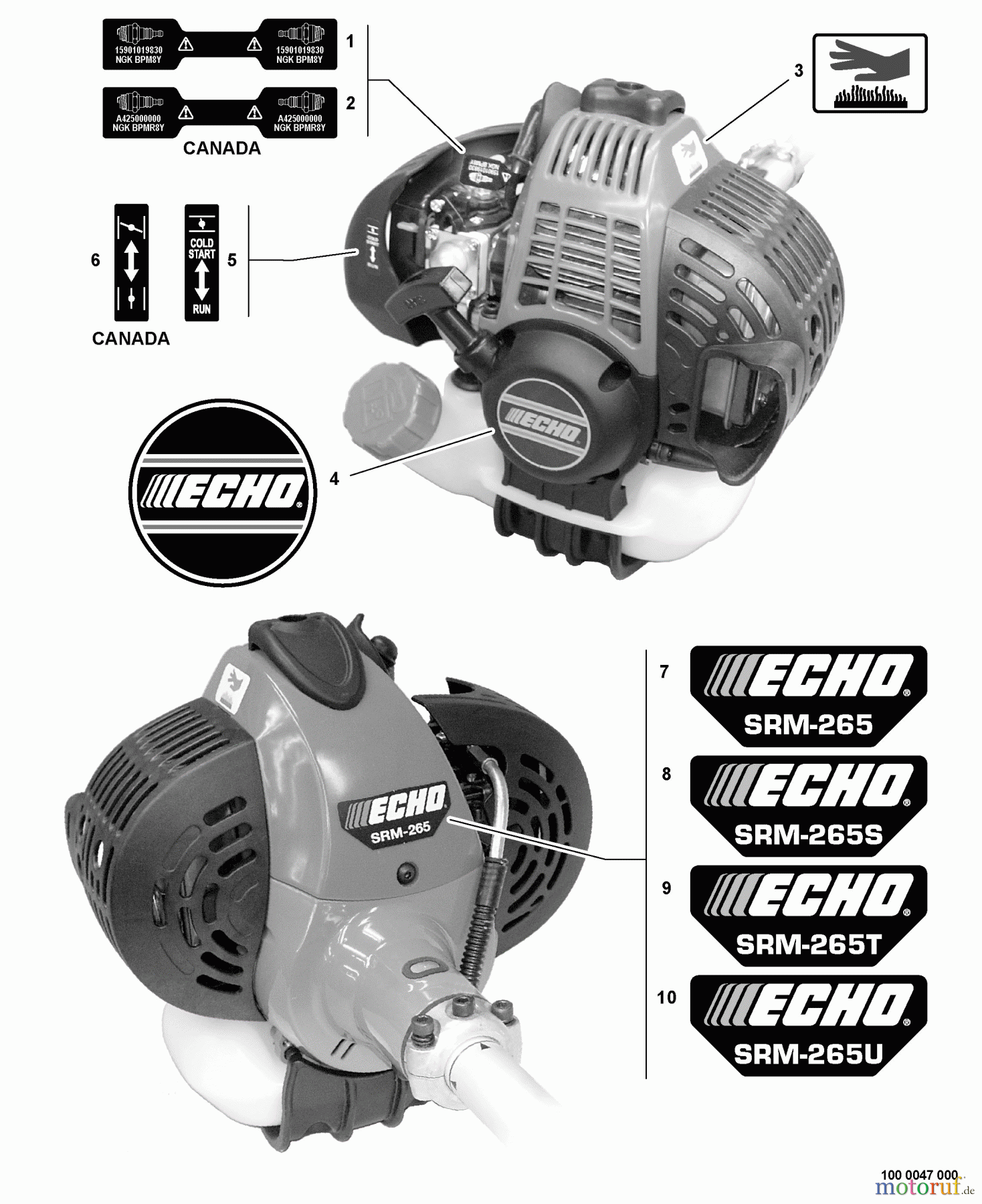 Echo Trimmer, Faden / Bürste SRM-265T - Echo String Trimmer, S/N:S73511001001 - S73511999999 Labels