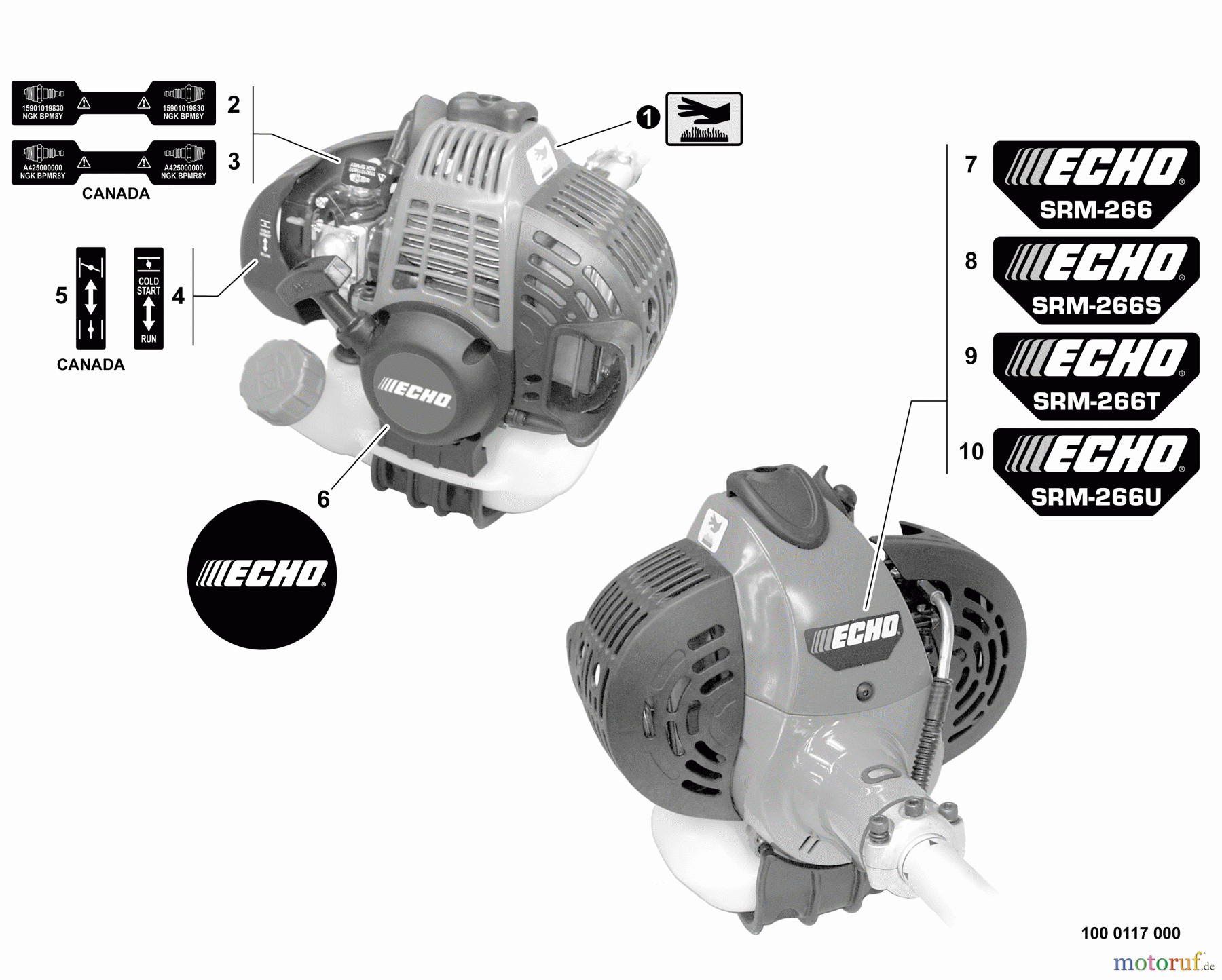 Echo Trimmer, Faden / Bürste SRM-266S - Echo String Trimmer, S/N: T42211001001 - T42211999999 Labels