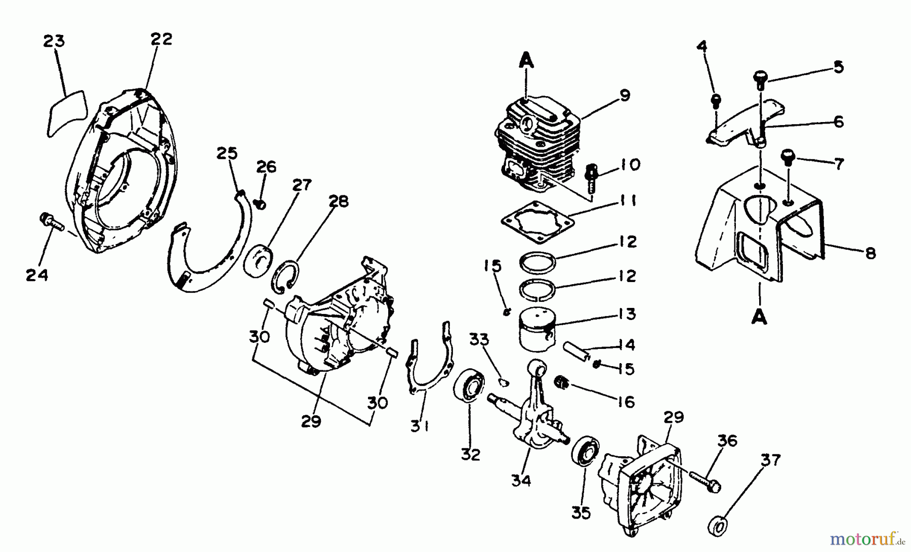 Echo Trimmer, Faden / Bürste SRM-3010 - Echo String Trimmer, S/N: 001001 - 021090 Engine, Crankcase, Fan Housing, Cover
