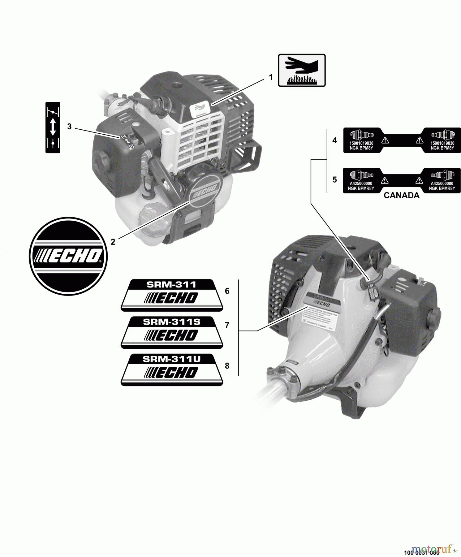 Echo Trimmer, Faden / Bürste SRM-311U - Echo String Trimmer/Brush Cutter, S/N:S67611001001 - S6761199999 Labels