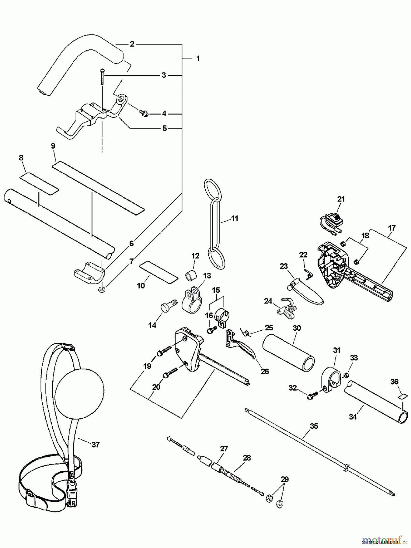 Echo Trimmer, Faden / Bürste SRM-340 - Echo String Trimmer, S/N:04001001 - 04999999 Handle, Ignition Switch, Throttle Cable, Driveshaft