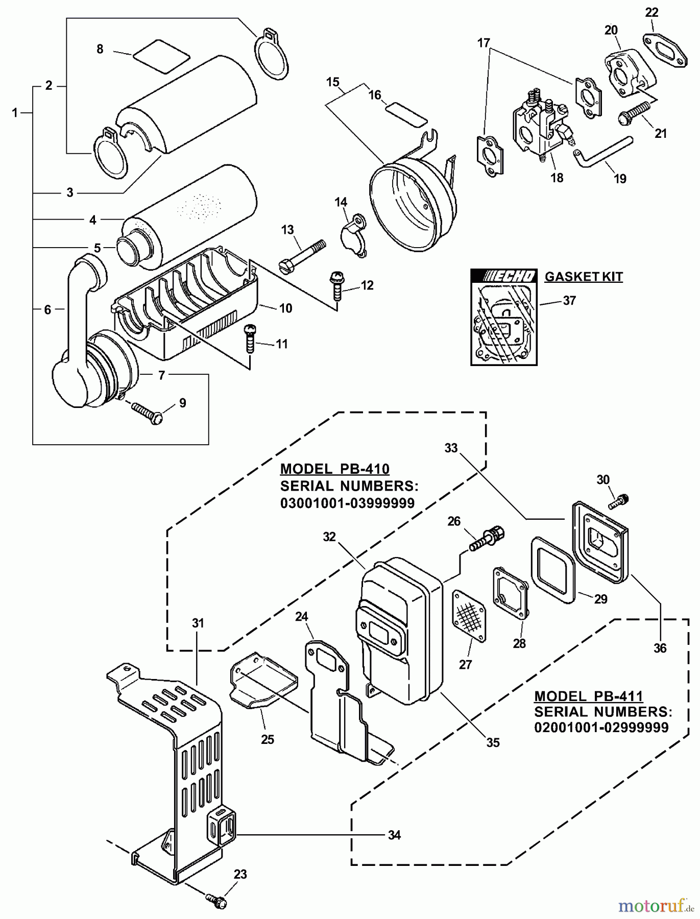 Echo Bläser / Sauger / Häcksler / Mulchgeräte PB-411 - Echo Back Pack Blower, S/N: 02001001 - 02999999 Intake, Exhaust
