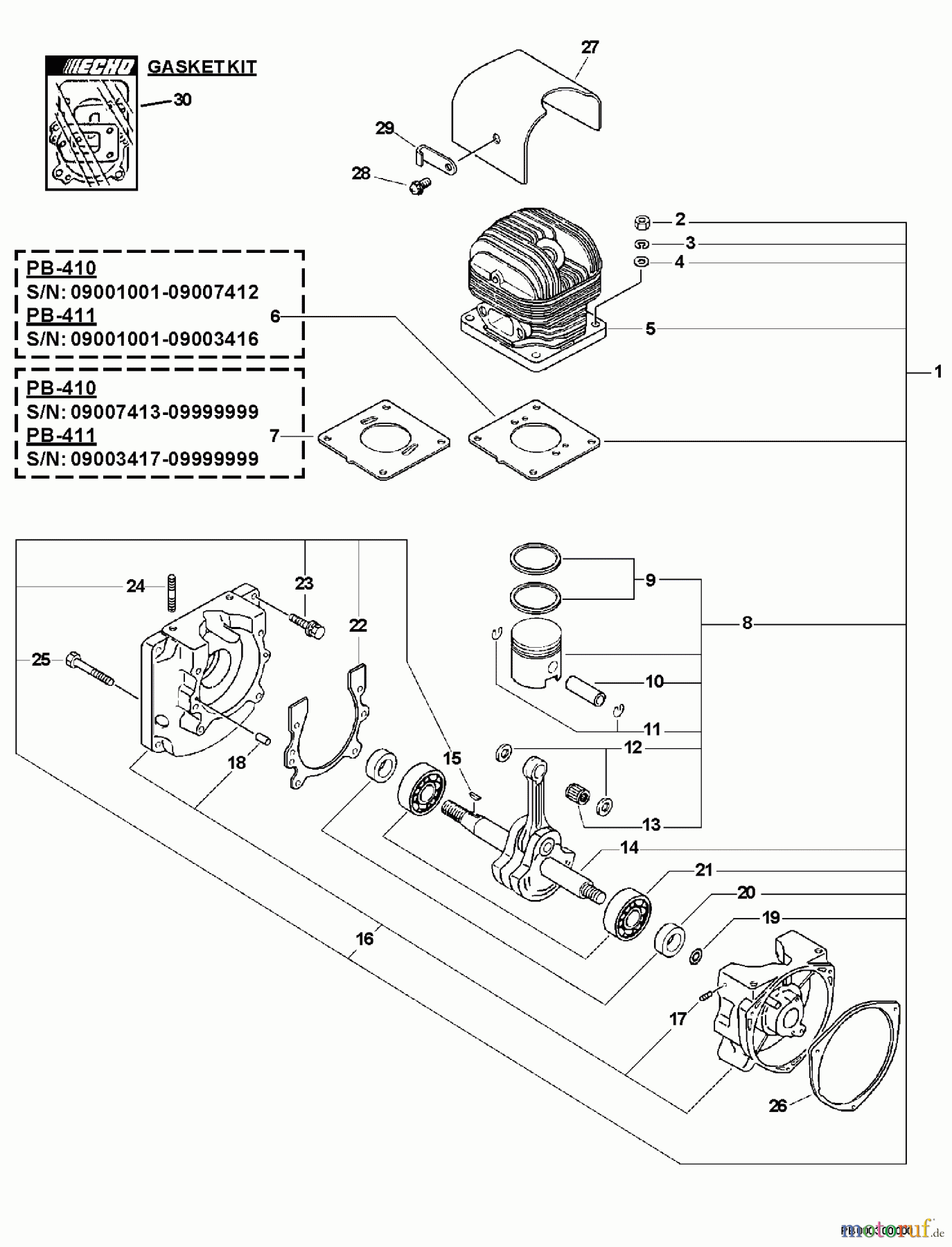 Echo Bläser / Sauger / Häcksler / Mulchgeräte PB-410 - Echo Back Pack Blower, S/N: 09001001 - 09999999 Engine, Short Block, Cylinder Cover