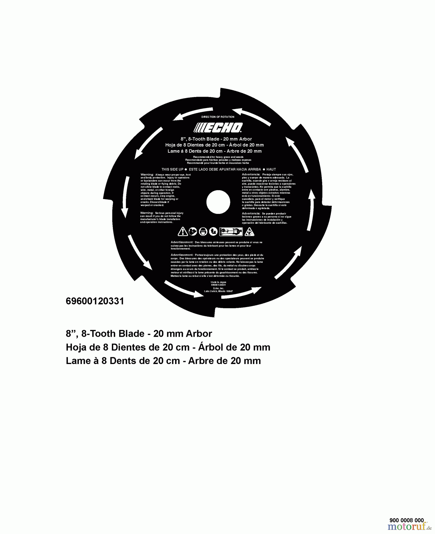 Echo Trimmer, Faden / Bürste SRM-225U - Echo String Trimmer/Brush Cutter, S/N:S79012001001 - S7901299999 8 Tooth Blade - 20mm Arbor -- 8
