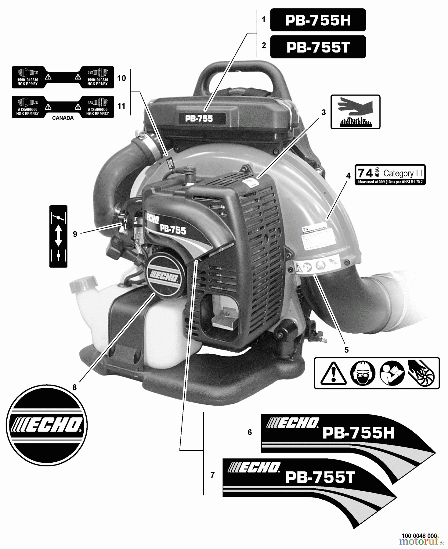Echo Bläser / Sauger / Häcksler / Mulchgeräte PB-755H - Echo Back Pack Blower, S/N: 06001001 - 06999999 Labels