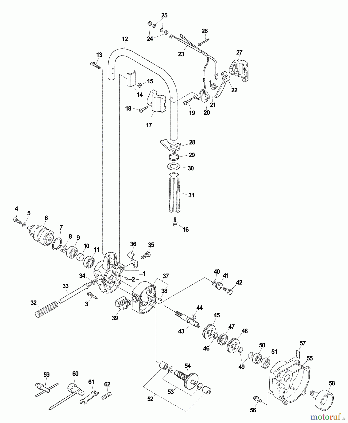  Echo Bohrer / Erdbohrer EDR-210 - Echo Reversible Engine Drill, S/N: 07001001 - 07999999 Chuck, Gear Case, Handle, Tools
