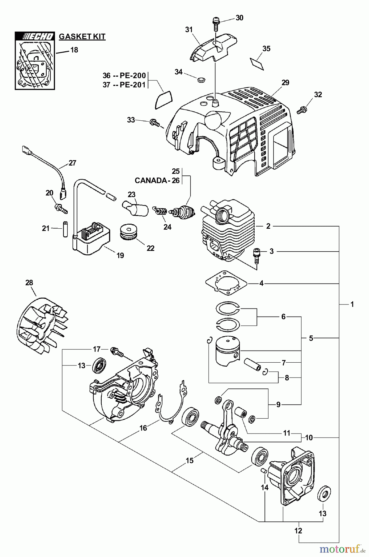 Echo Kantenschneider PE-200 - Echo Edger, S/N: 07001001 - 07999999 Engine, Ignition, Short Block, Cylinder Cover
