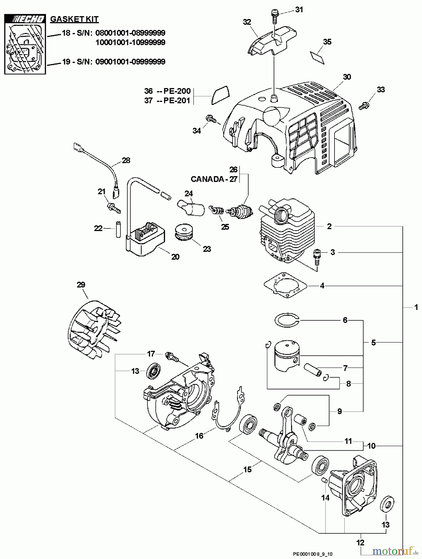 Echo Kantenschneider PE-200 - Echo Edger, S/N: 09001001 - 09999999 Engine, Ignition, Short Block, Cylinder Cover