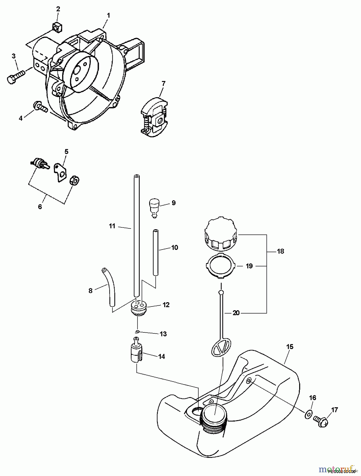 Echo Kantenschneider PE-200 - Echo Edger, S/N: 07001001 - 07999999 Fan Case, Clutch, Fuel System