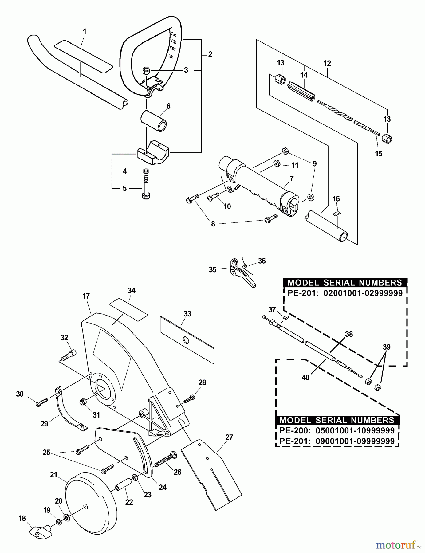Echo Kantenschneider PE-201 - Echo Edger, S/N: 02001001 - 02999999 Handle, Throttle, Drive Shaft, Blade Shield