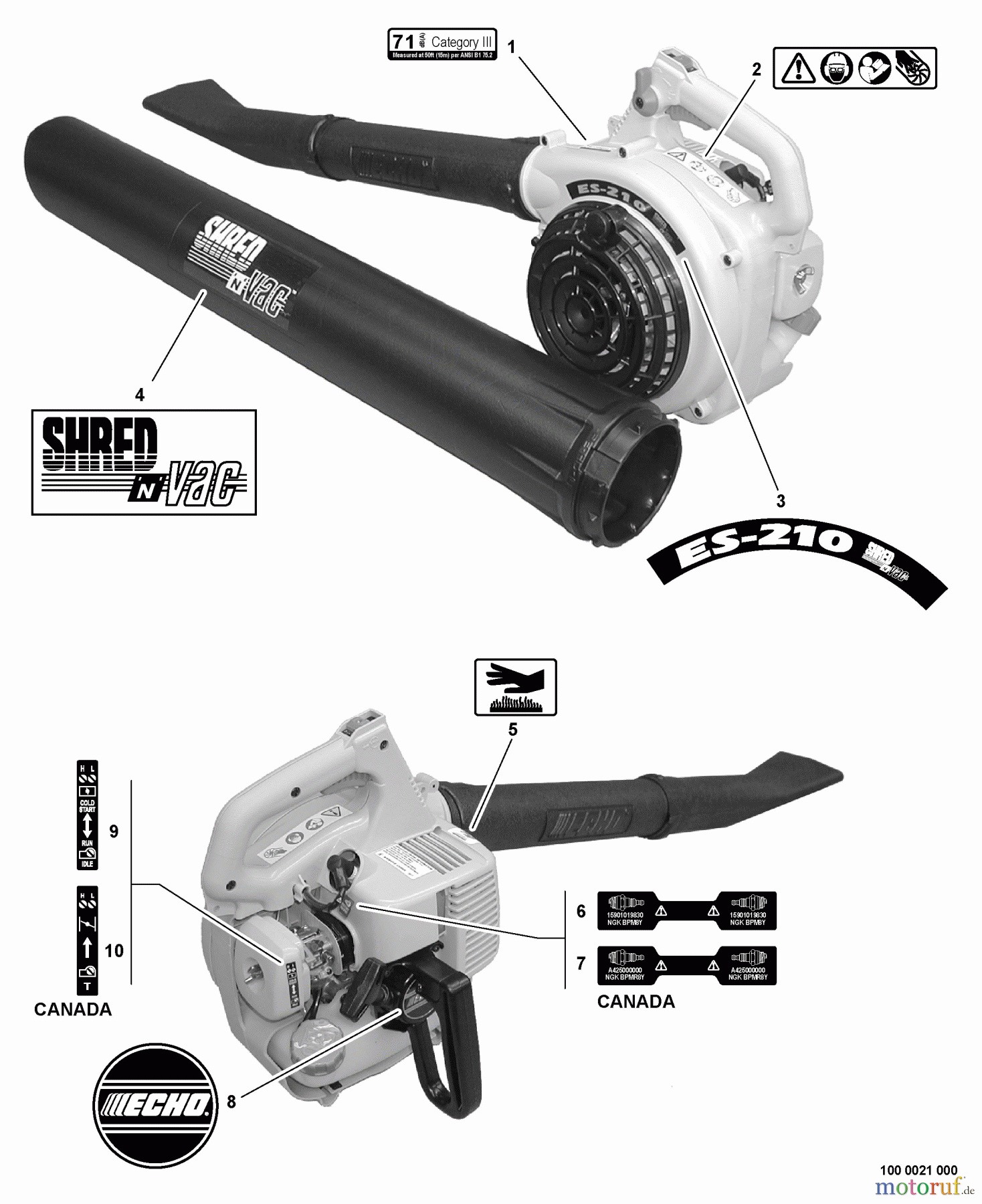 Echo Bläser / Sauger / Häcksler / Mulchgeräte ES-210 - Echo Shredder/Vacuum, S/N: P07113001001 - P07113999999 Labels