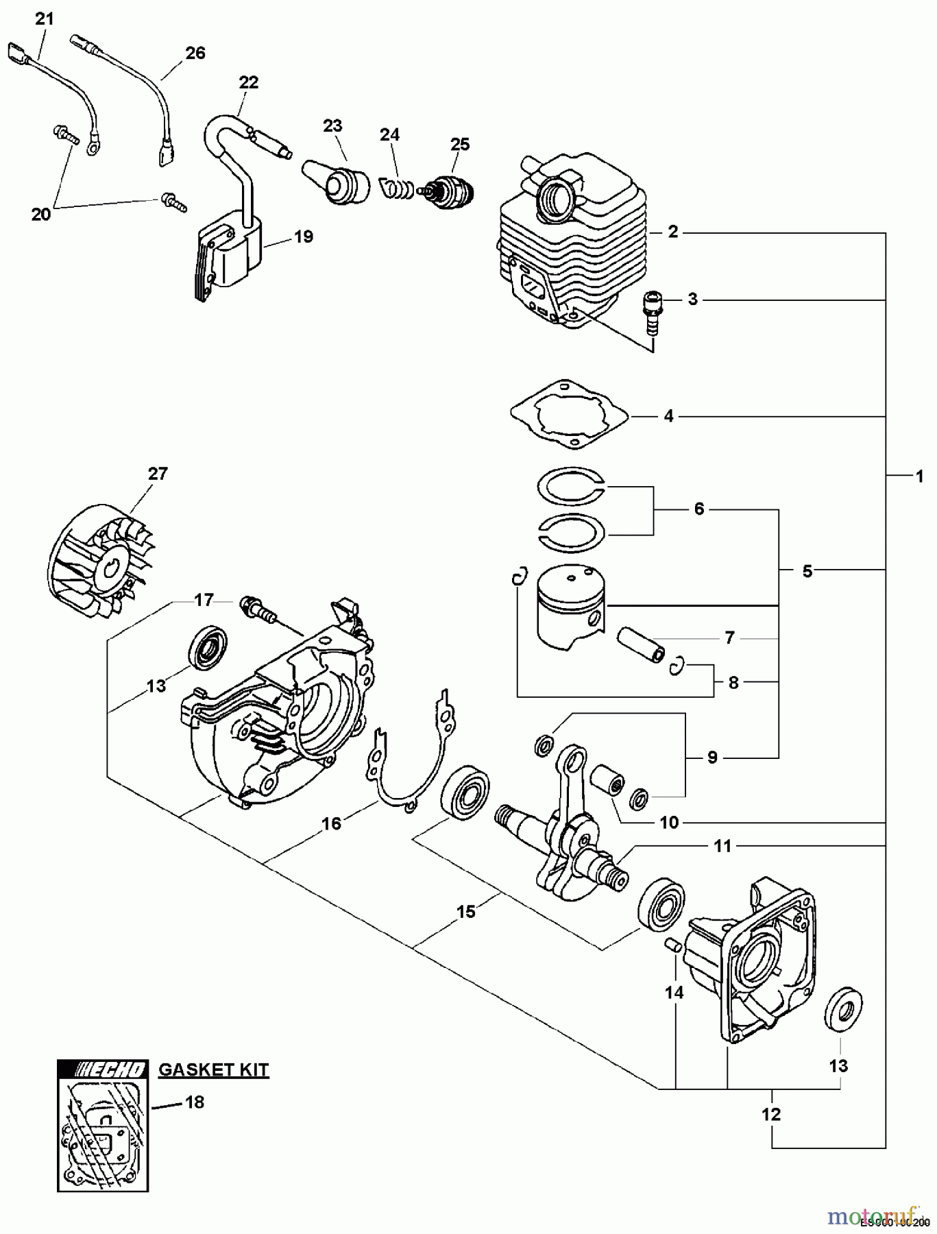 Echo Bläser / Sauger / Häcksler / Mulchgeräte ES-211 - Echo Shredder/Vacuum, S/N: 02001001 - 02999999 Engine, Short Block, Ignition