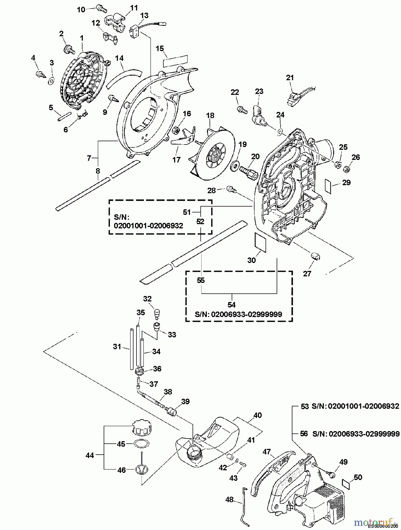 Echo Bläser / Sauger / Häcksler / Mulchgeräte ES-211 - Echo Shredder/Vacuum, S/N: 02001001 - 02999999 Fan Case, Engine Cover, Fuel System