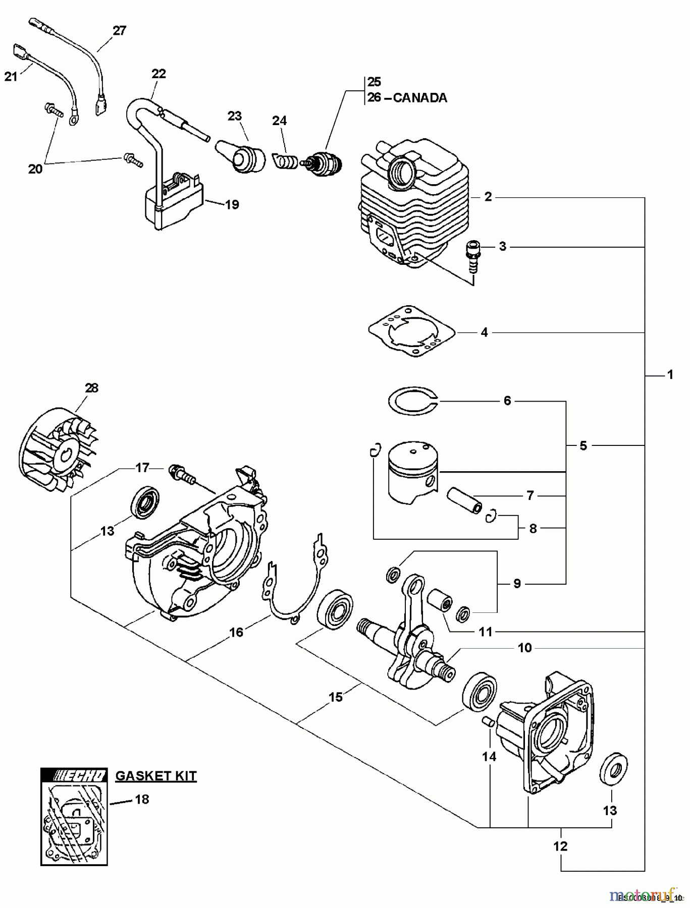 Echo Bläser / Sauger / Häcksler / Mulchgeräte ES-210 - Echo Shredder/Vacuum, S/N: 09001001 - 09999999 Engine, Short Block, Ignition