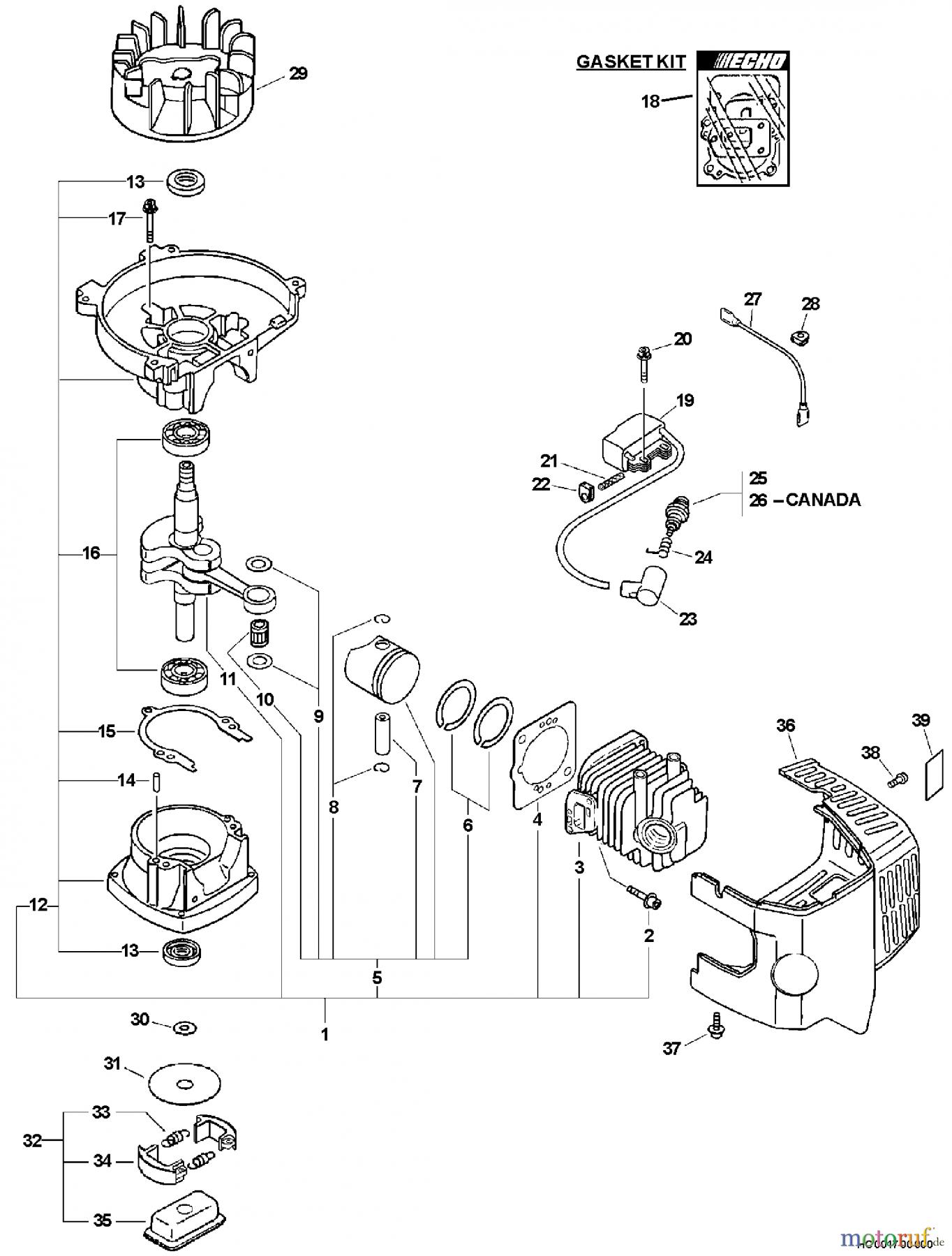 Echo Heckenscheren HC-150 - Echo Hedge Trimmer, S/N: 05001001 - 05999999 Engine, Short Block, Ignition, Clutch, Cylinder Cover