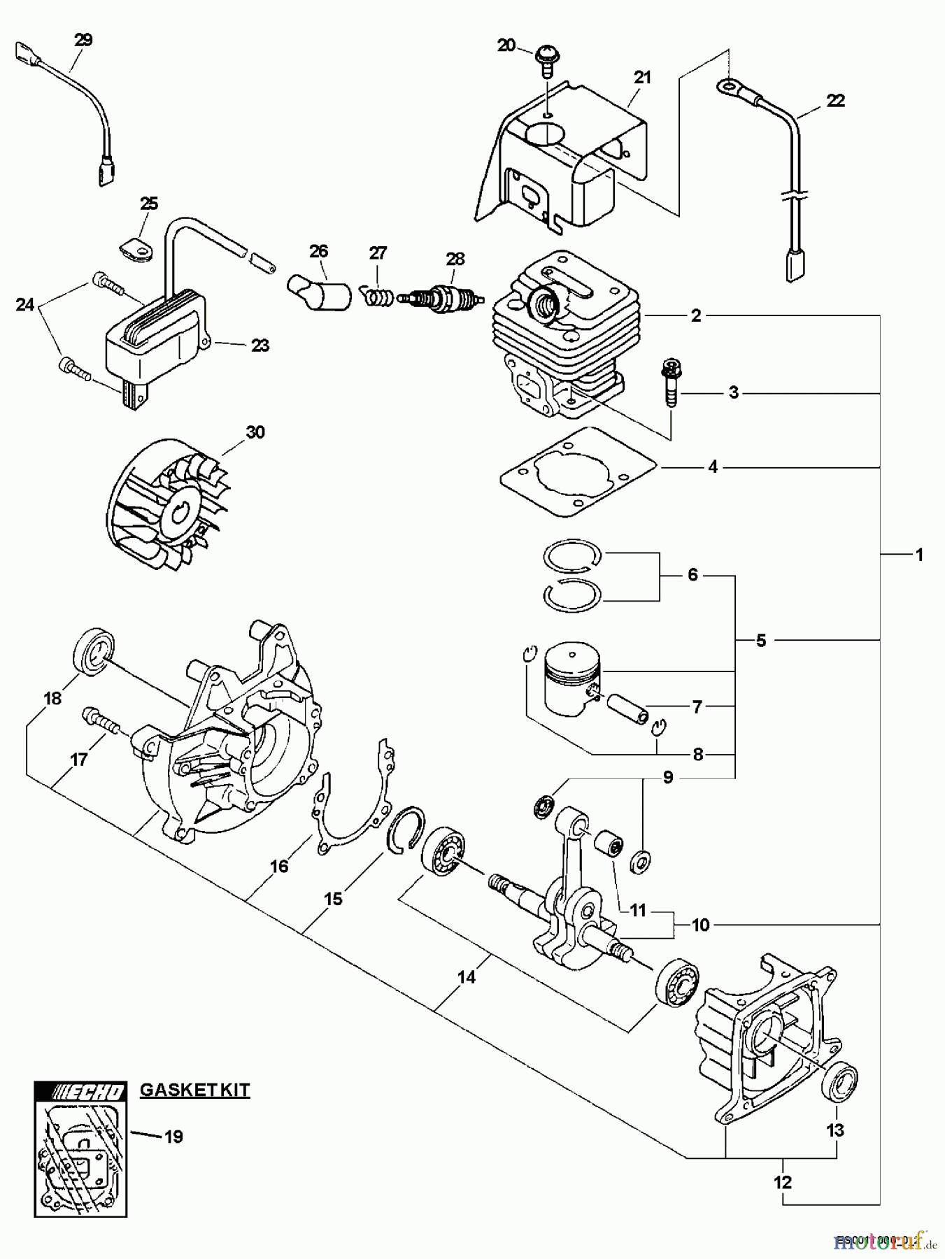 Echo Bläser / Sauger / Häcksler / Mulchgeräte ES-231 - Echo Shredder/Vacuum, S/N: 02001001 - 02999999 Engine, Short Block, Cylinder Cover, Ignition