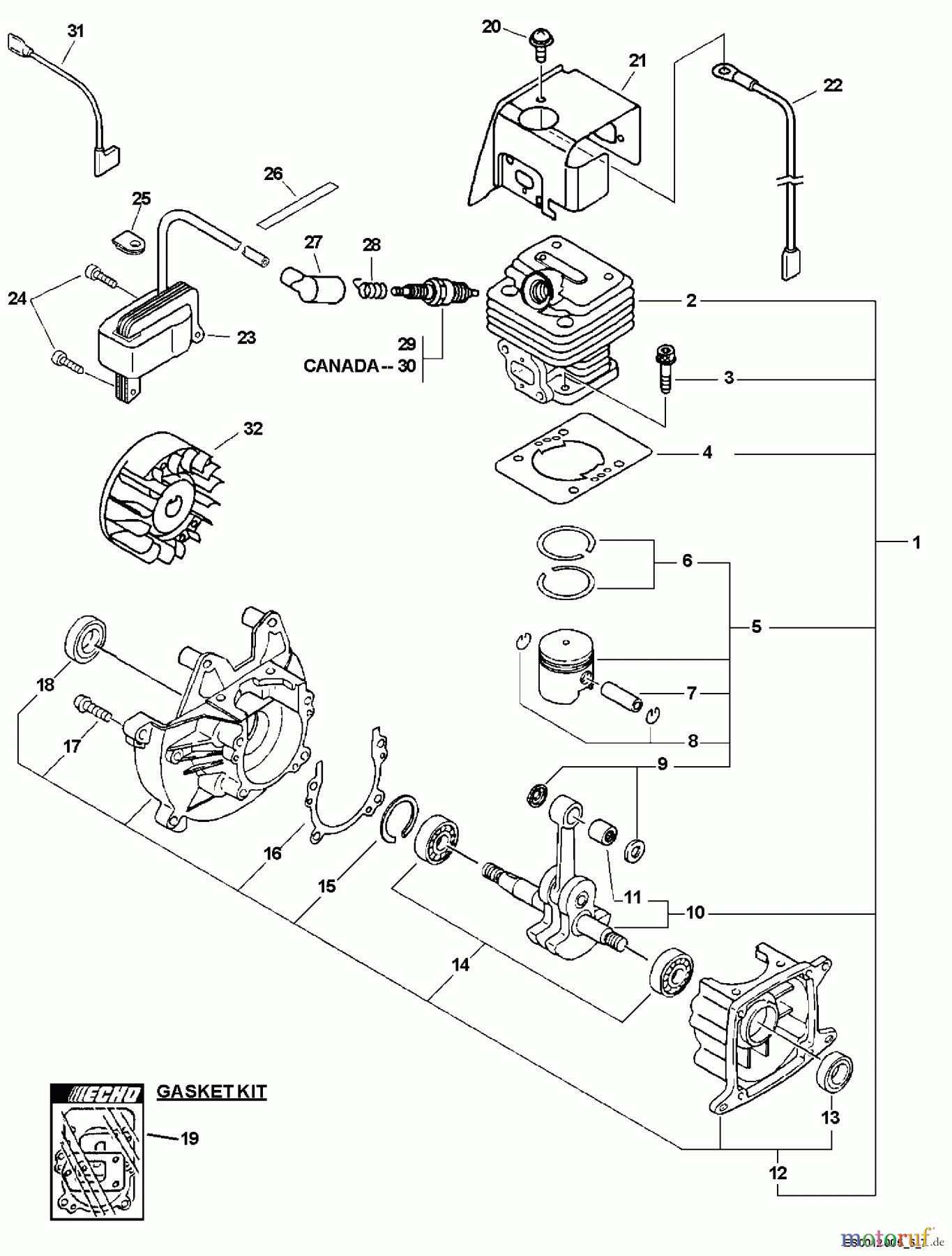 Echo Bläser / Sauger / Häcksler / Mulchgeräte ES-230 - Echo Shredder/Vacuum, S/N: 06001001 - 06999999 Engine, Short Block, Cylinder Cover