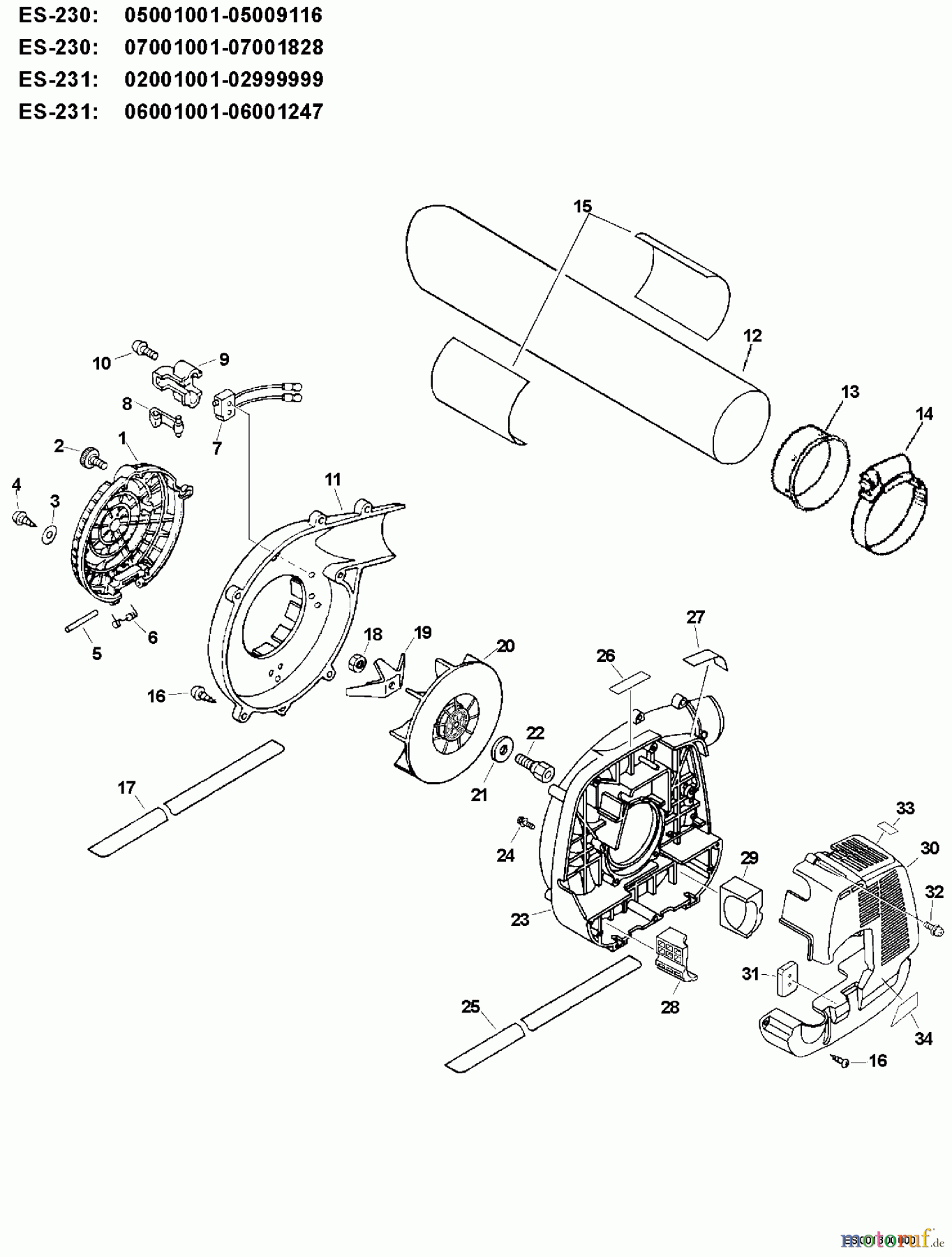 Echo Bläser / Sauger / Häcksler / Mulchgeräte ES-231 - Echo Shredder/Vacuum, S/N: 06001001 - 06999999 Fan Case, Suction Tube With Sleeve S/N: 06001001 - 06001247