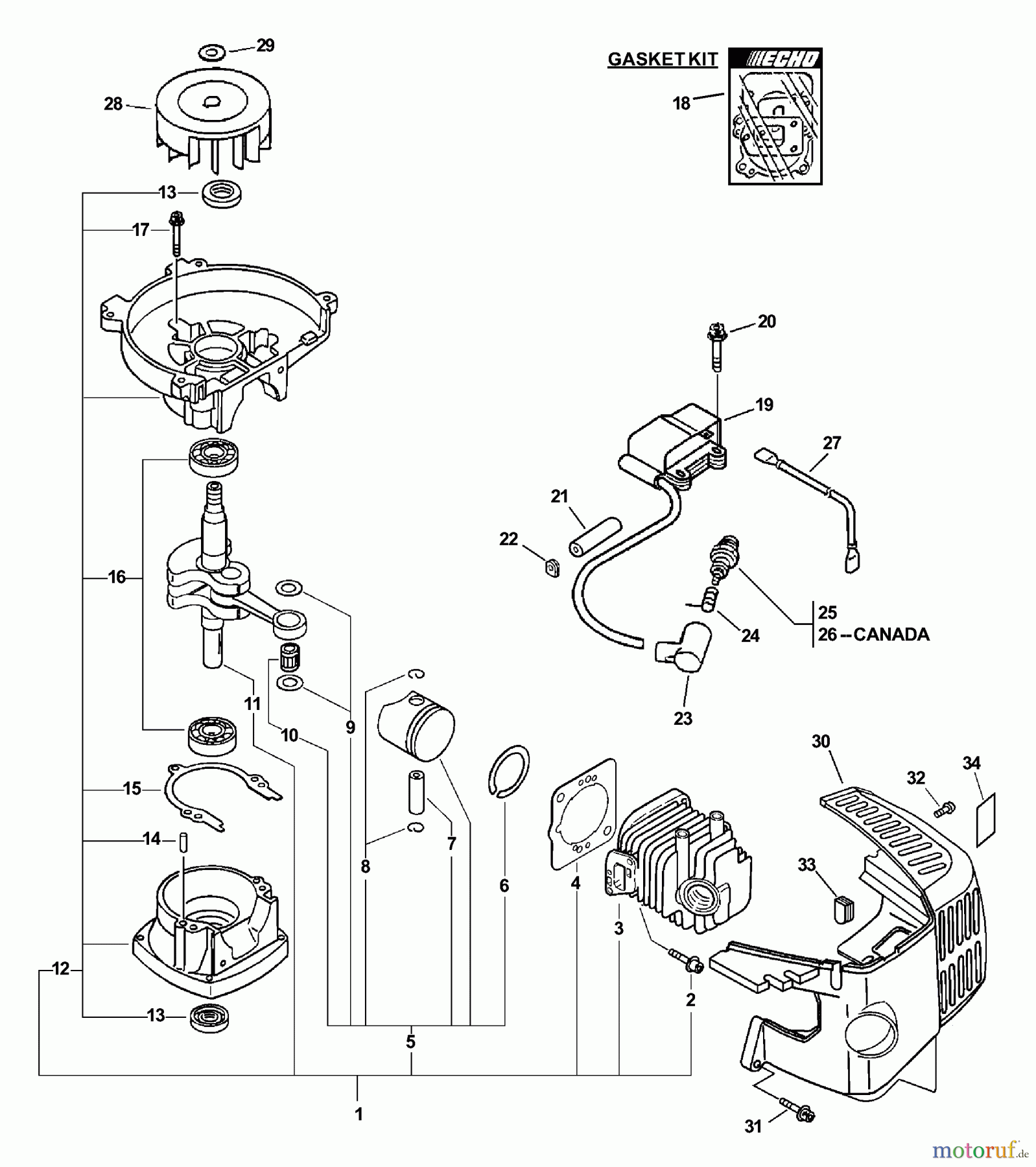 Echo Heckenscheren HC-200 - Echo Hedge Trimmer, S/N: 09001001 - 09999999 Engine, Short Block, Ignition, Cylinder Cover