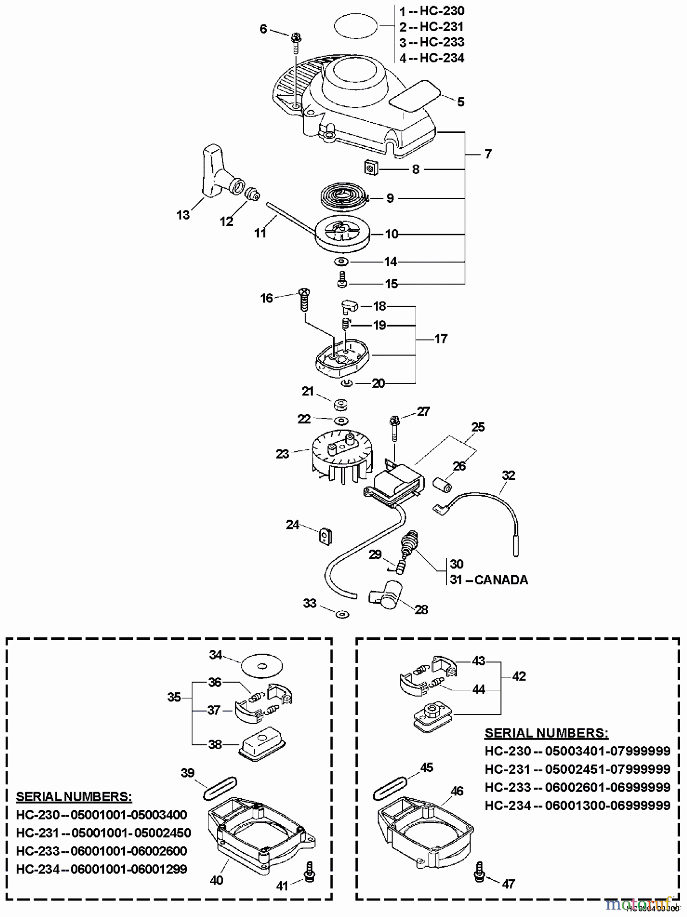 Echo Heckenscheren HC-233 - Echo Hedge Trimmer, S/N: 06001001 - 06999999 Fan Case, Ignition, Clutch