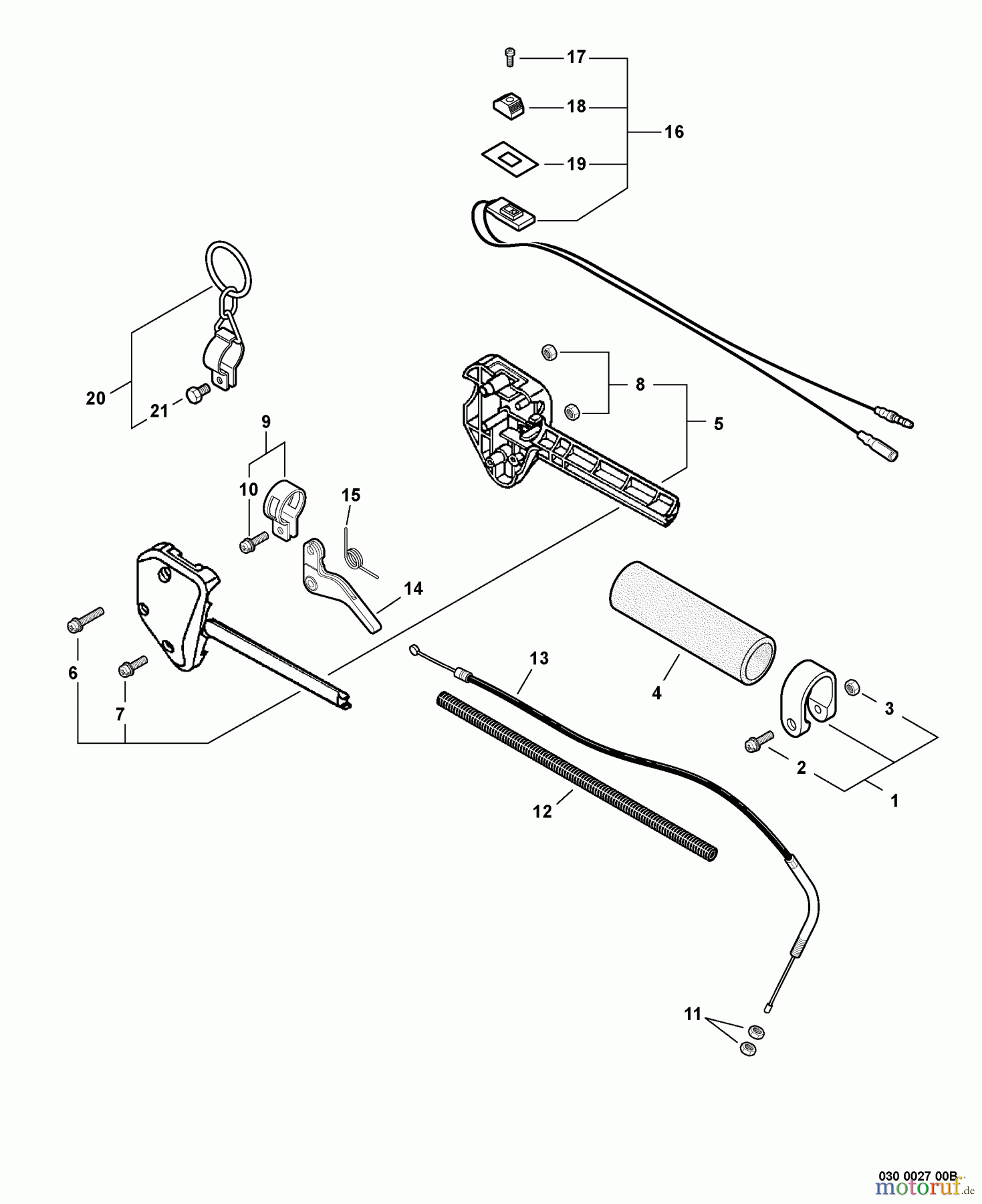 Echo Kantenschneider PE-260 - Echo Edger, S/N: 03001001 - 03999999 Control Handle, Throttle Cable, Ignition Switch