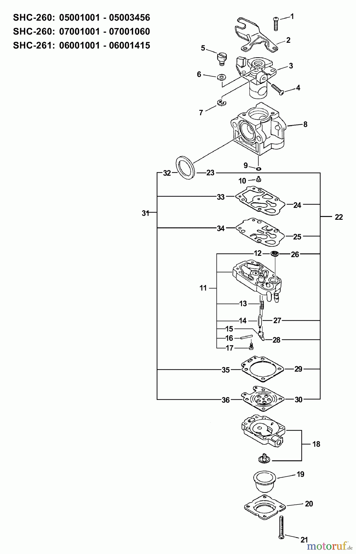 Echo Heckenscheren SHC-261 - Echo Shaft Hedge Trimmer, S/N: 06001001 - 06999999 Carburetor -- WYJ-315A S/N: 06001001 - 06001415