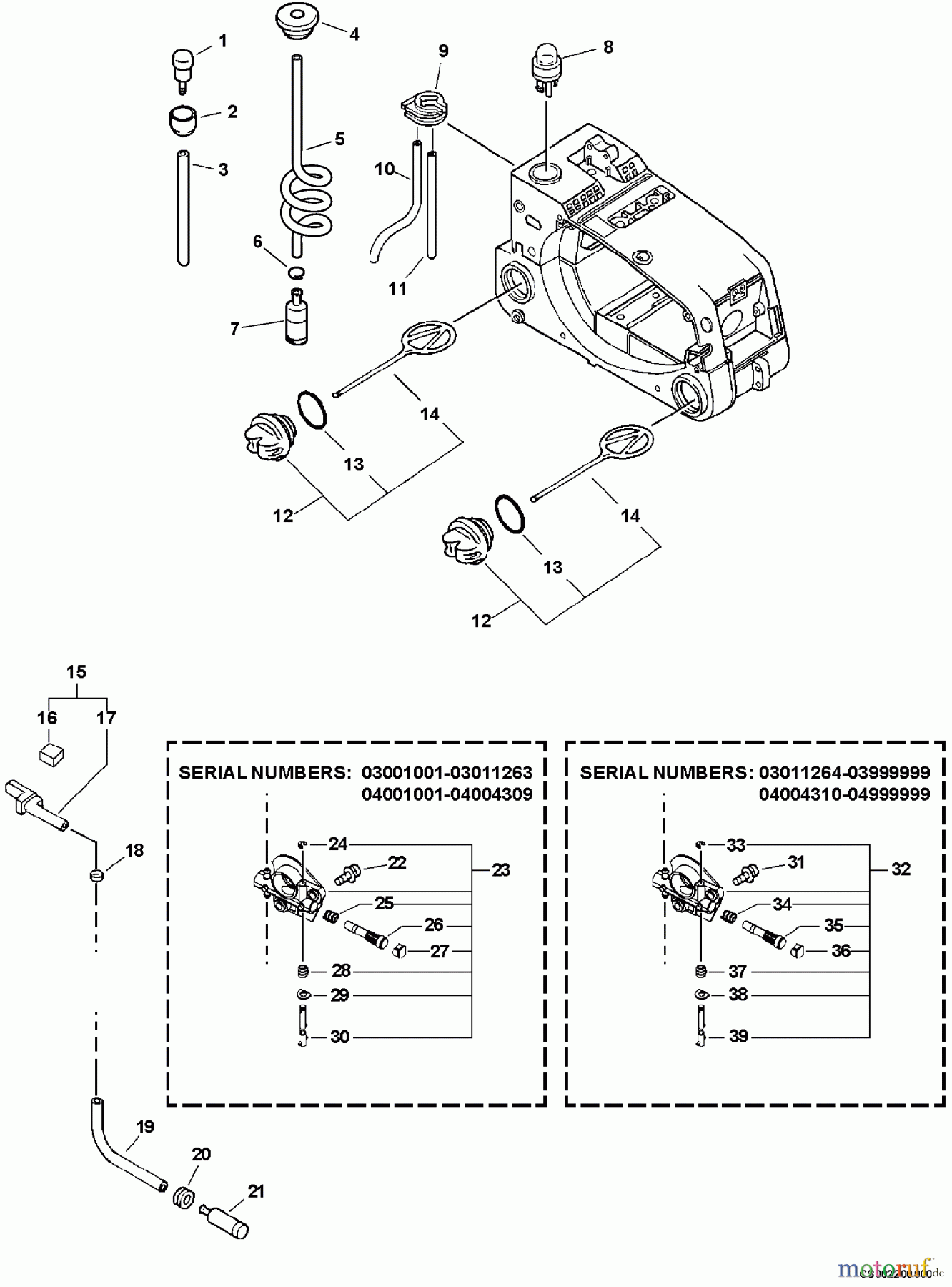  Echo Sägen, Kettensägen CS-300 - Echo Chainsaw, S/N: 04001001 - 04999999 Fuel System, Oil System