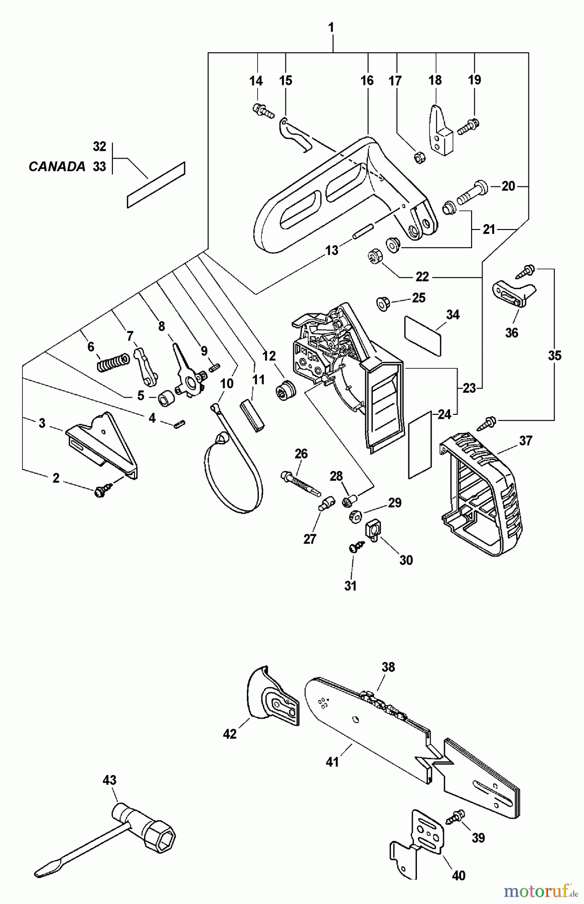Echo Sägen, Kettensägen CS-301 - Echo Chainsaw, S/N: 04001001 - 04999999 Chain Brake, Cutting Attachment, Tools S/N: 02019714 - 04999999