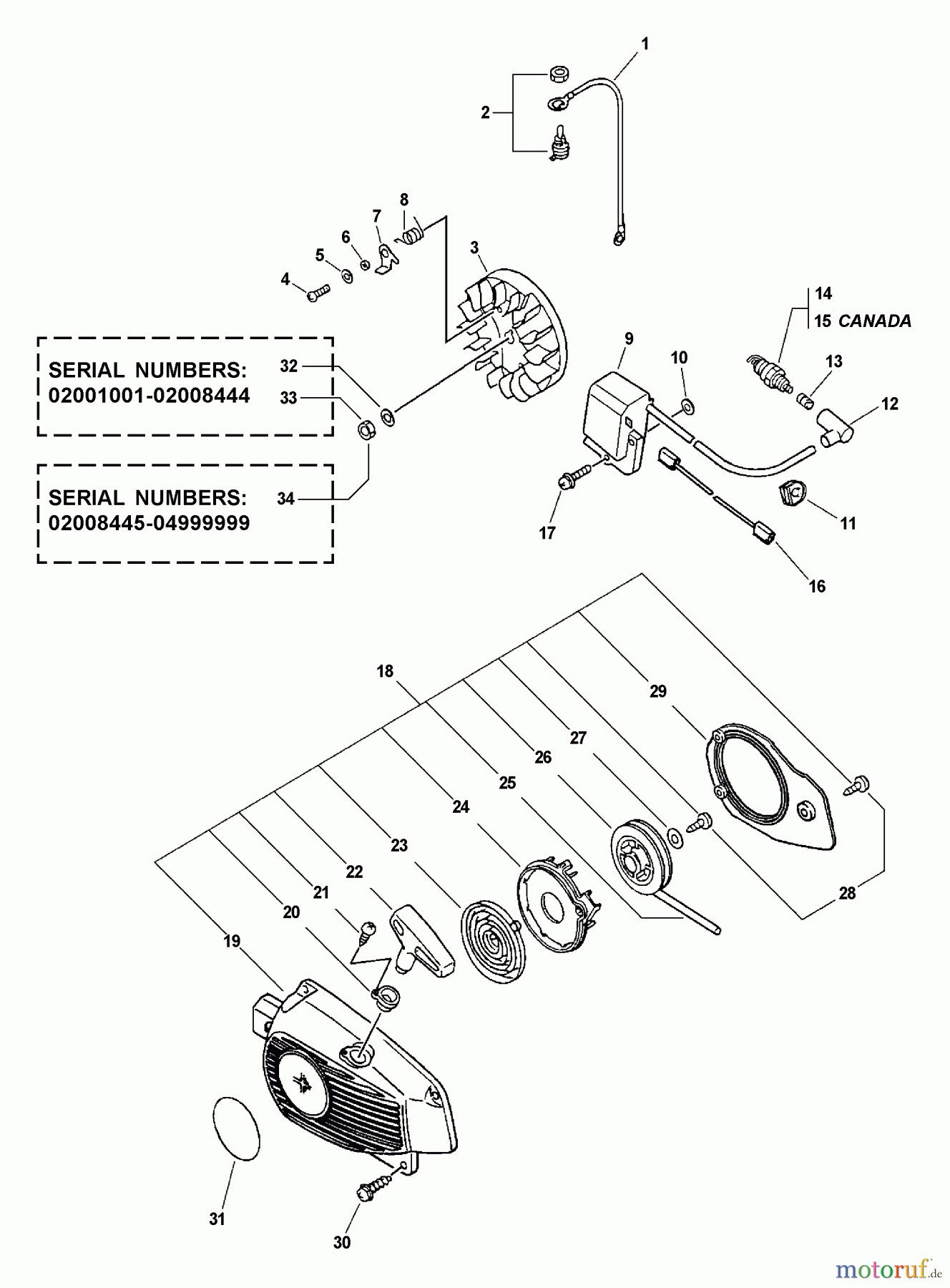 Echo Sägen, Kettensägen CS-301 - Echo Chainsaw, S/N: 04001001 - 04999999 Ignition, Starter Assembly