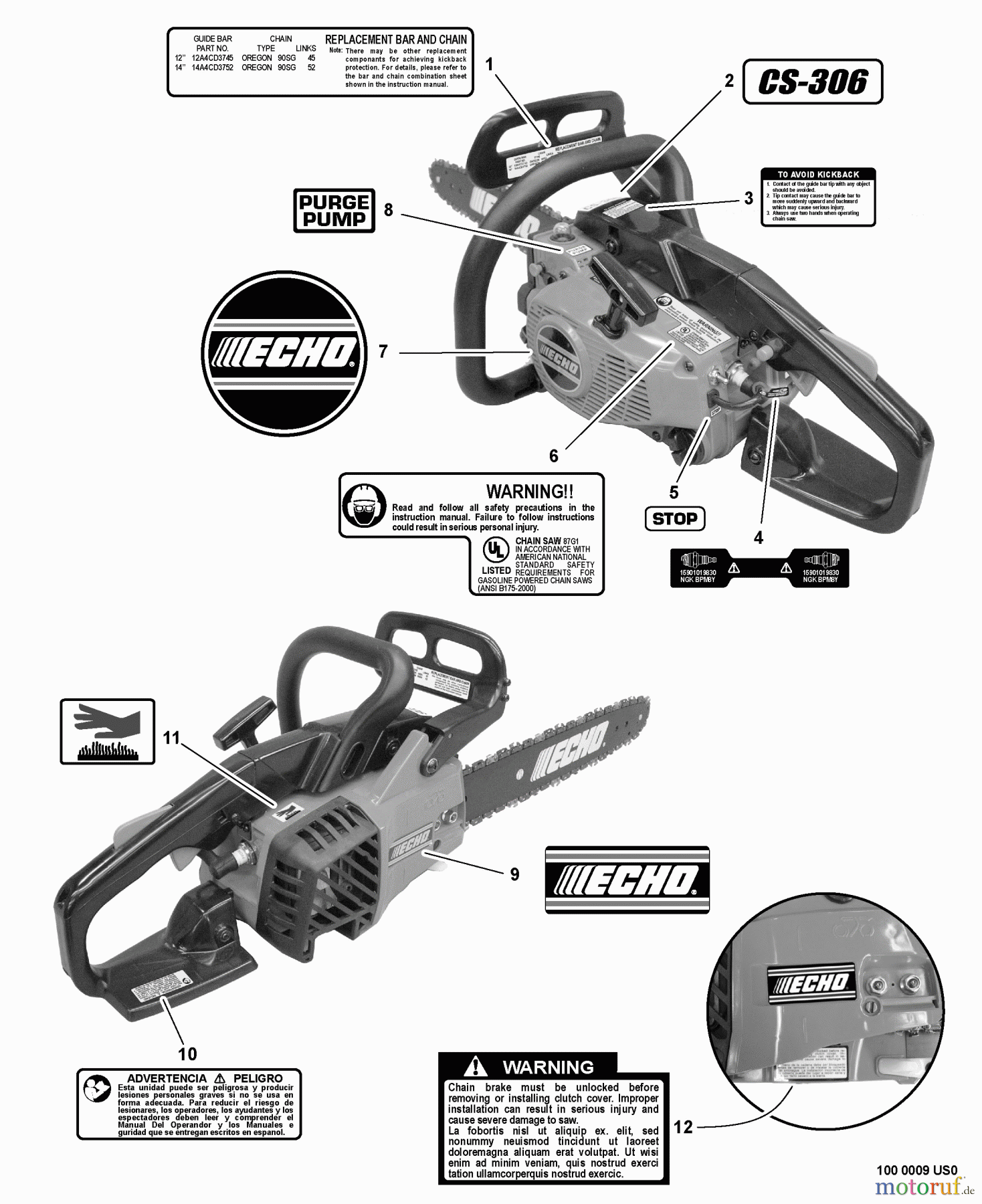 Echo Sägen, Kettensägen CS-306 - Echo Chainsaw, S/N: C07511001001 - C07511999999 Labels