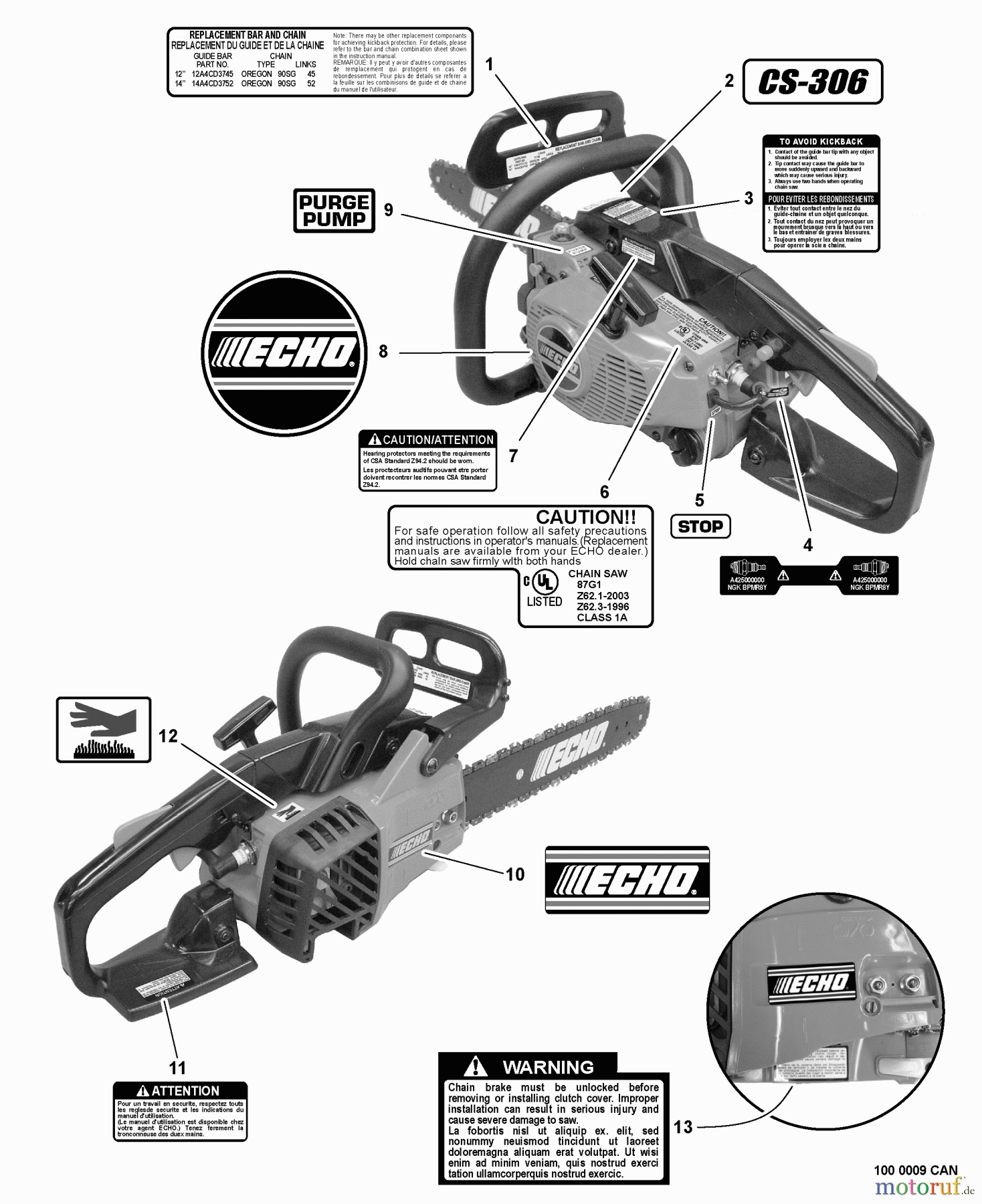  Echo Sägen, Kettensägen CS-306 - Echo Chainsaw, S/N: C09413001001 - C09413999999 Labels