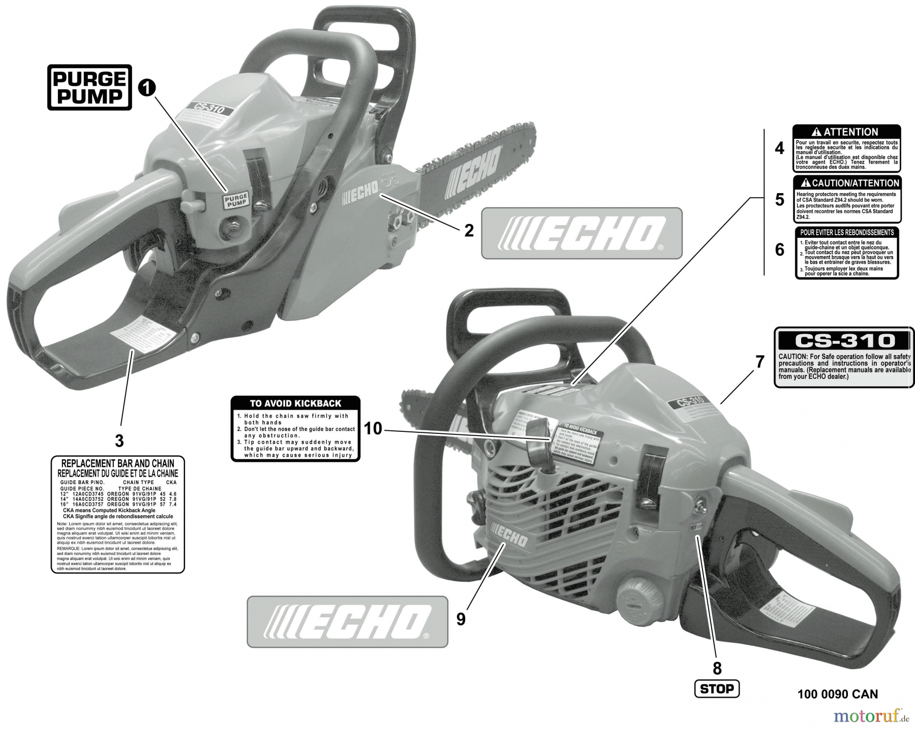 Echo Sägen, Kettensägen CS-310 - Echo Chainsaw, S/N: C04713001001 - C04713999999 Labels
