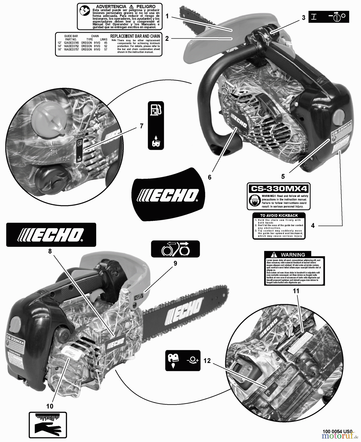  Echo Sägen, Kettensägen CS-330MX4 - Echo Chainsaw, S/N: C07411001001 - C07411999999 Labels
