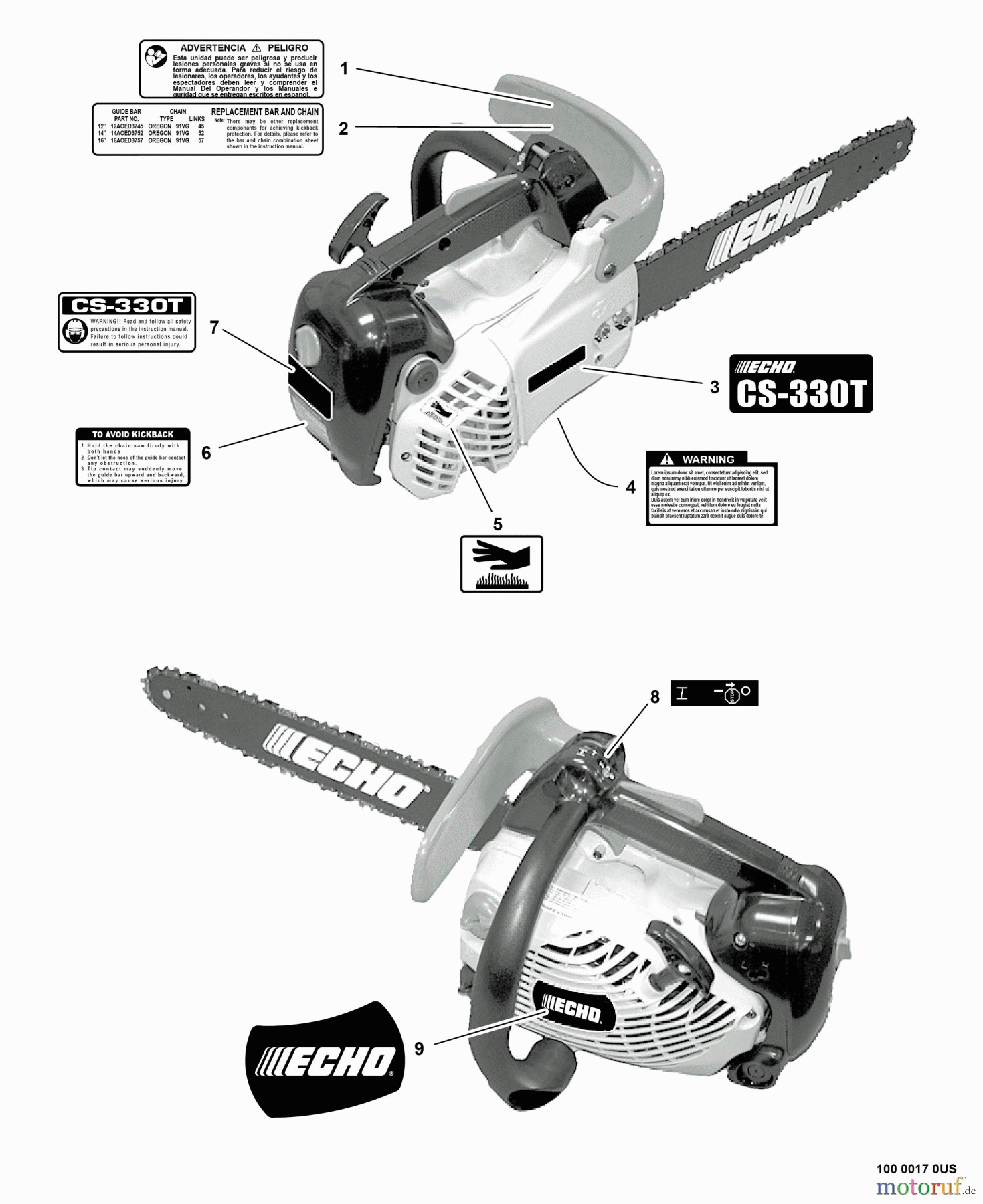 Echo Sägen, Kettensägen CS-330T - Echo Chainsaw, S/N: 09001001 - 09999999 Labels