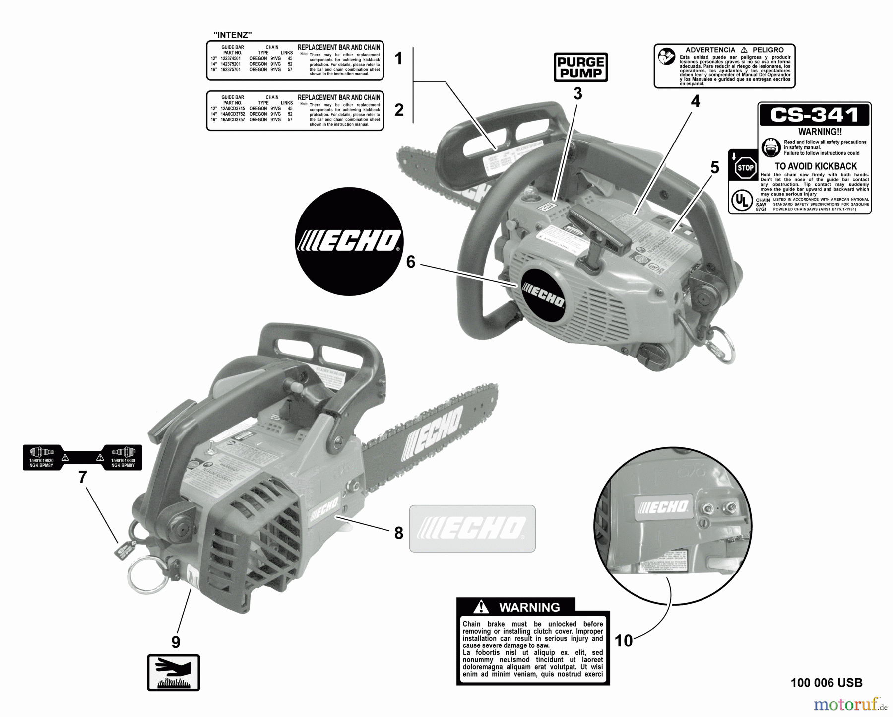 Echo Sägen, Kettensägen CS-341 - Echo Chainsaw, S/N: 02001001 - 02999999 Labels