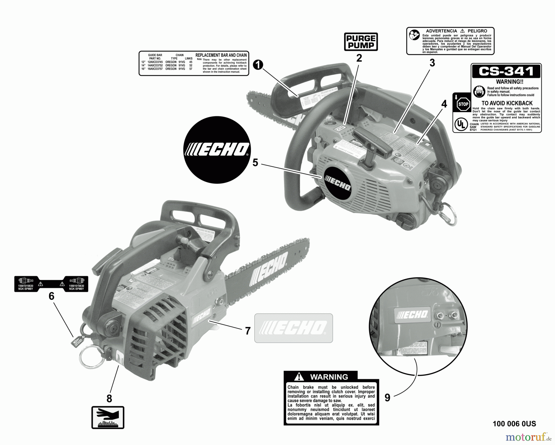 Echo Sägen, Kettensägen CS-341 - Echo Chainsaw, S/N: C08511001001 - C08511999999 Labels