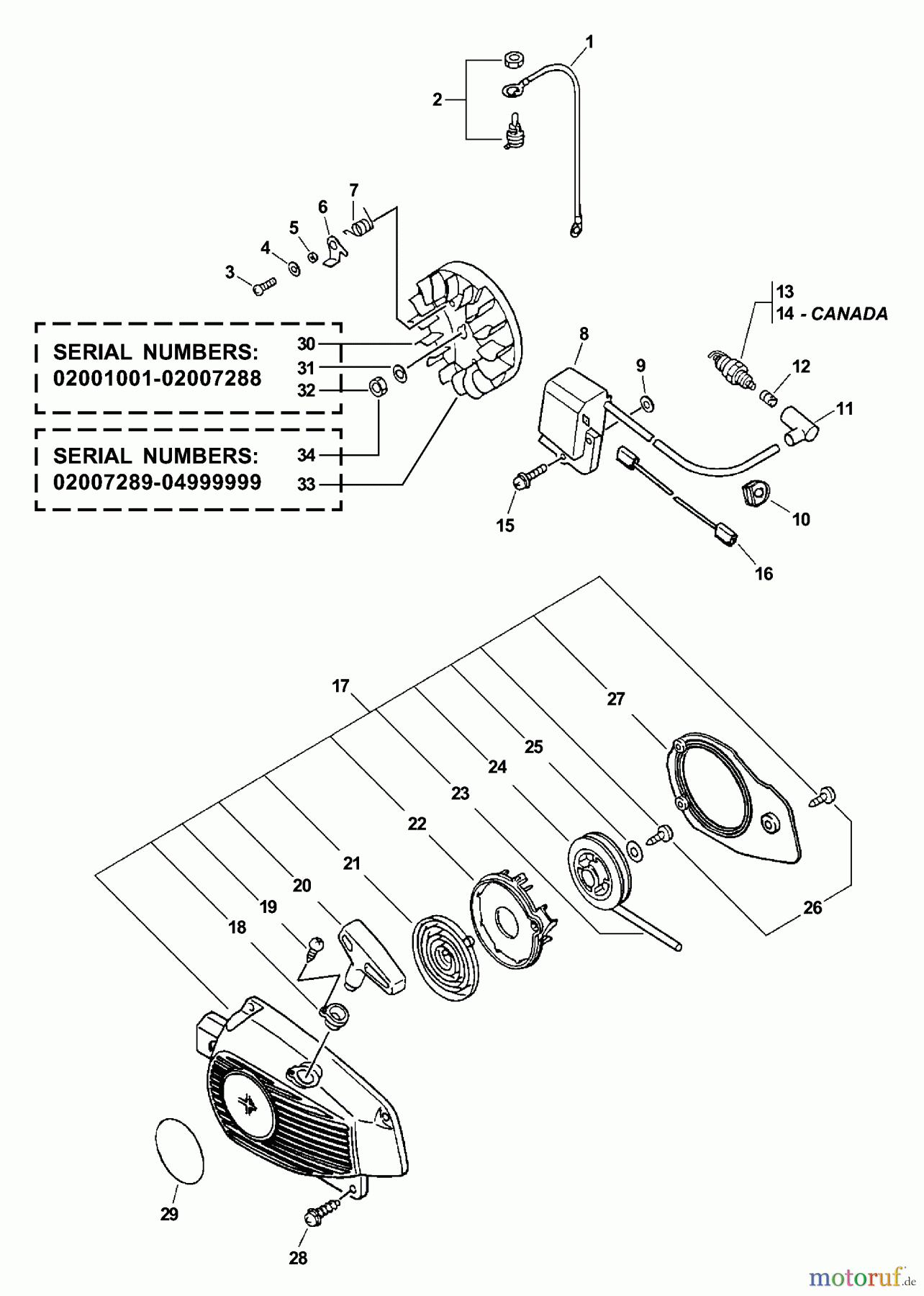 Echo Sägen, Kettensägen CS-346 - Echo Chainsaw, S/N: 04001001 - 04999999 Ignition, Starter Assembly