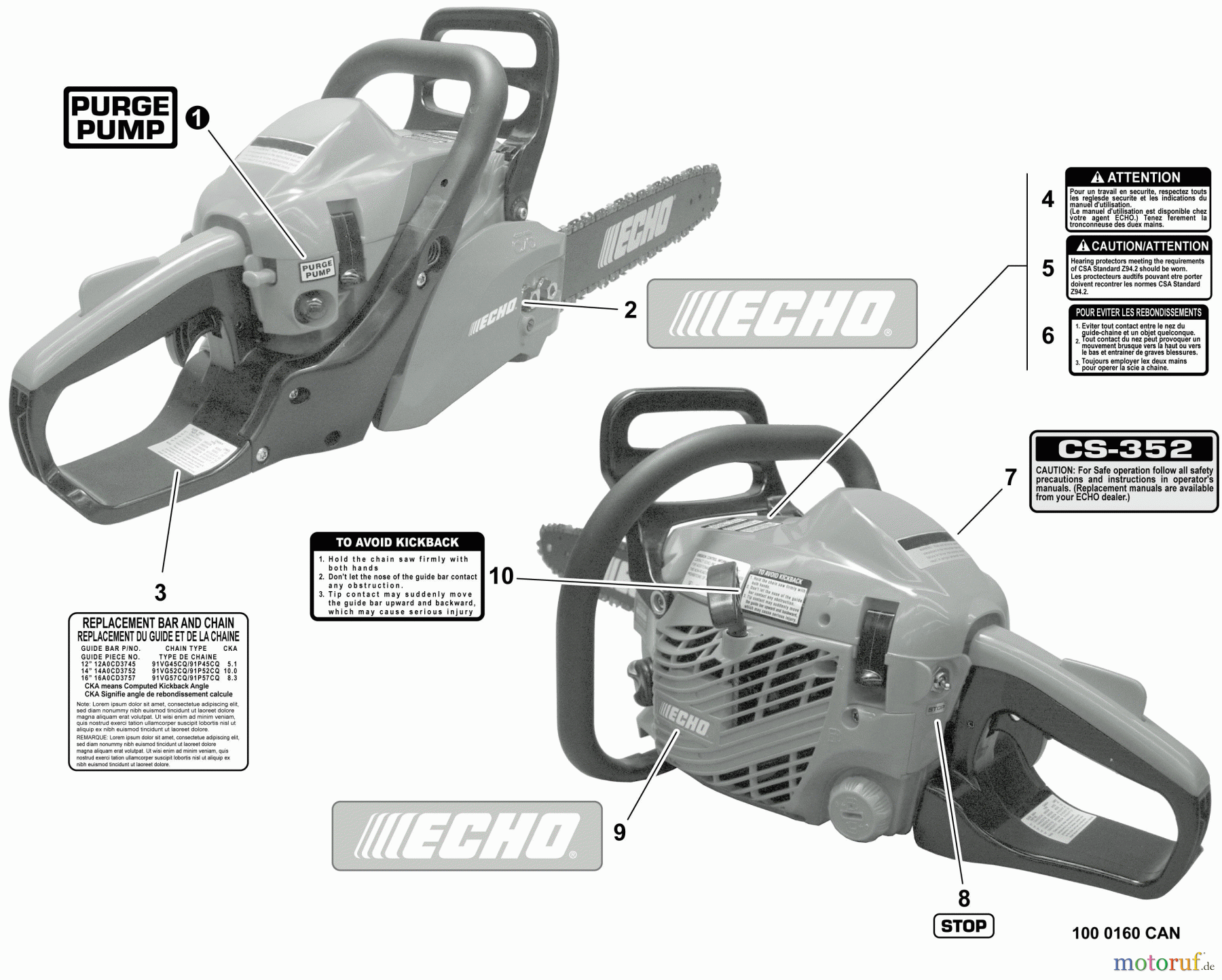 Echo Sägen, Kettensägen CS-352 - Echo Chainsaw, S/N: C19813001001 - C19813999999 Labels