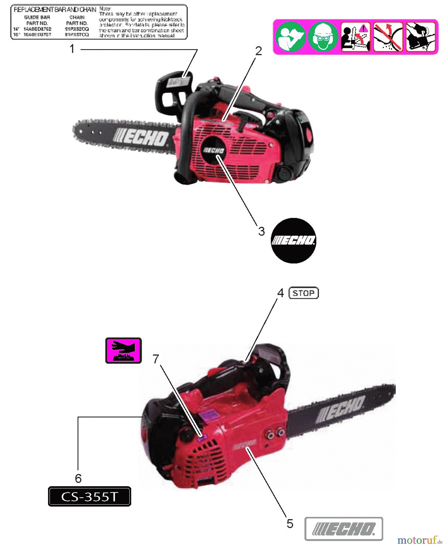 Echo Sägen, Kettensägen CS-355T - Echo Chainsaw, Labels