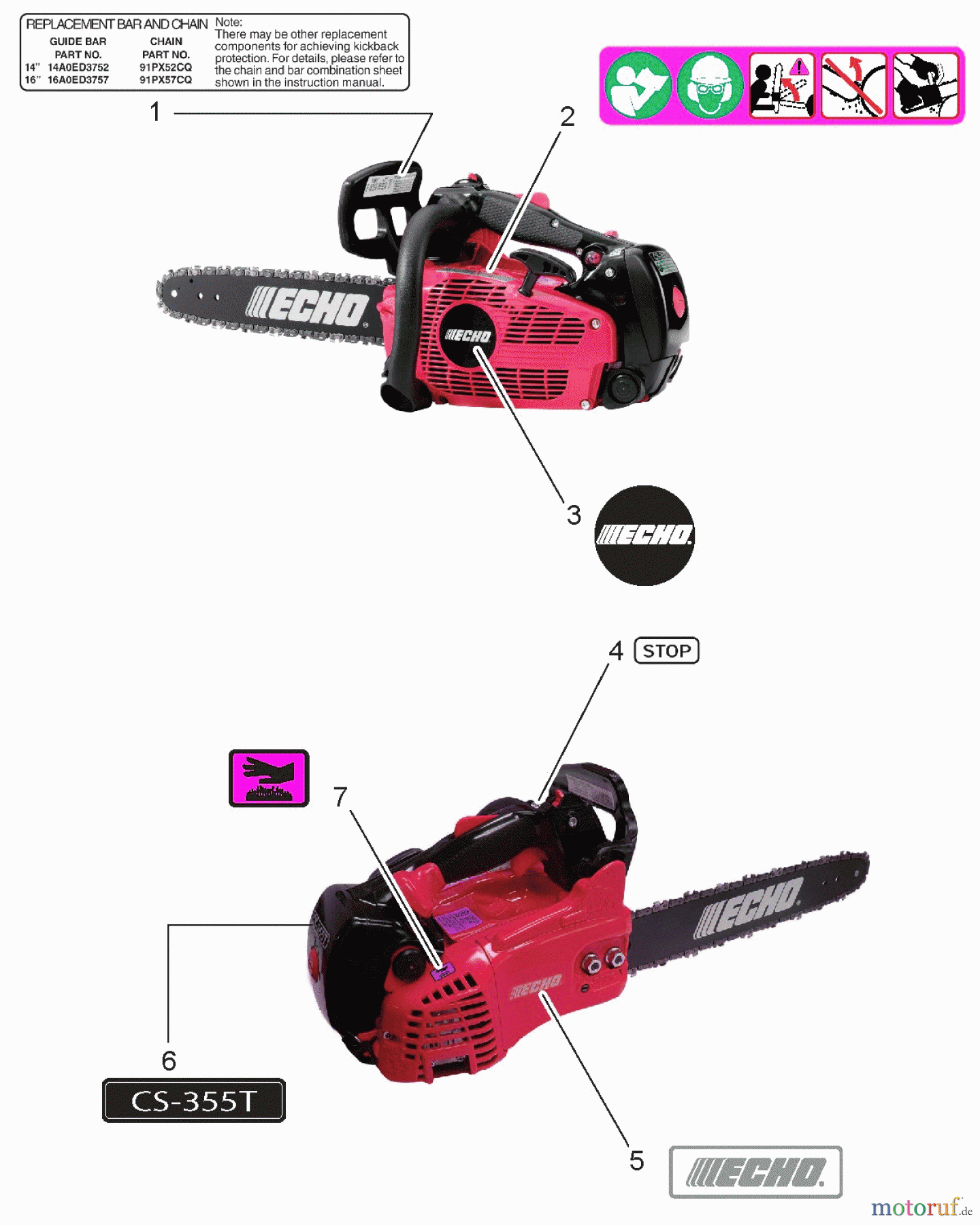 Echo Sägen, Kettensägen CS-355T - Echo Chainsaw, Labels