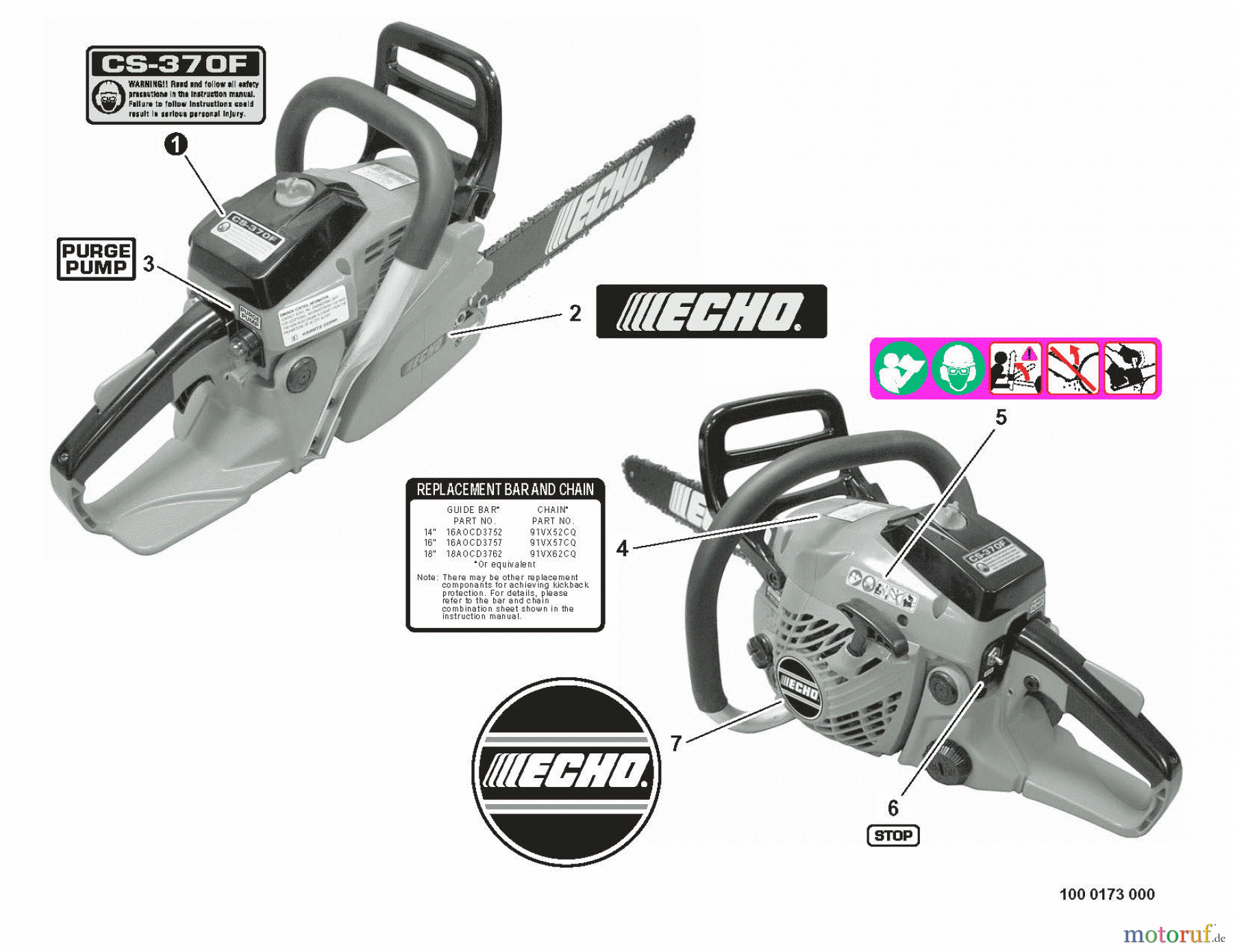  Echo Sägen, Kettensägen CS-370F  S/N: C27512001001 - C27512999999 Labels